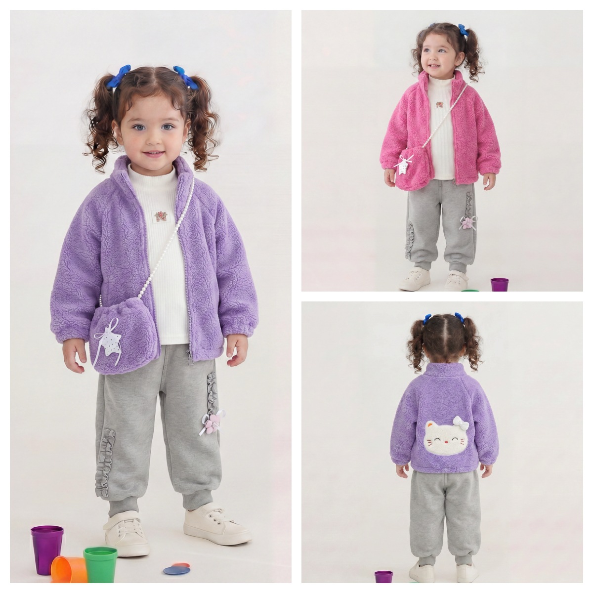 Girls Autumn Winter Fleece Lined Star Cat Print Three-Piece Set Outfits with Bag — image 2