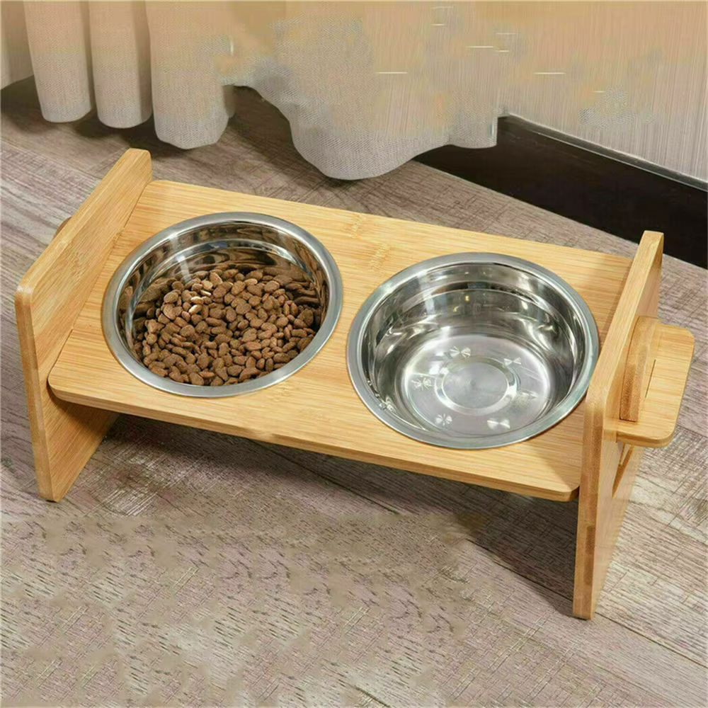 Elevated Dog Bowls with Stand Raised Dog Bowls 4 Heights Adjustable Dog Bowls Bamboo Dog Feeding Station 2 Stainless Steel Bowls — image 2
