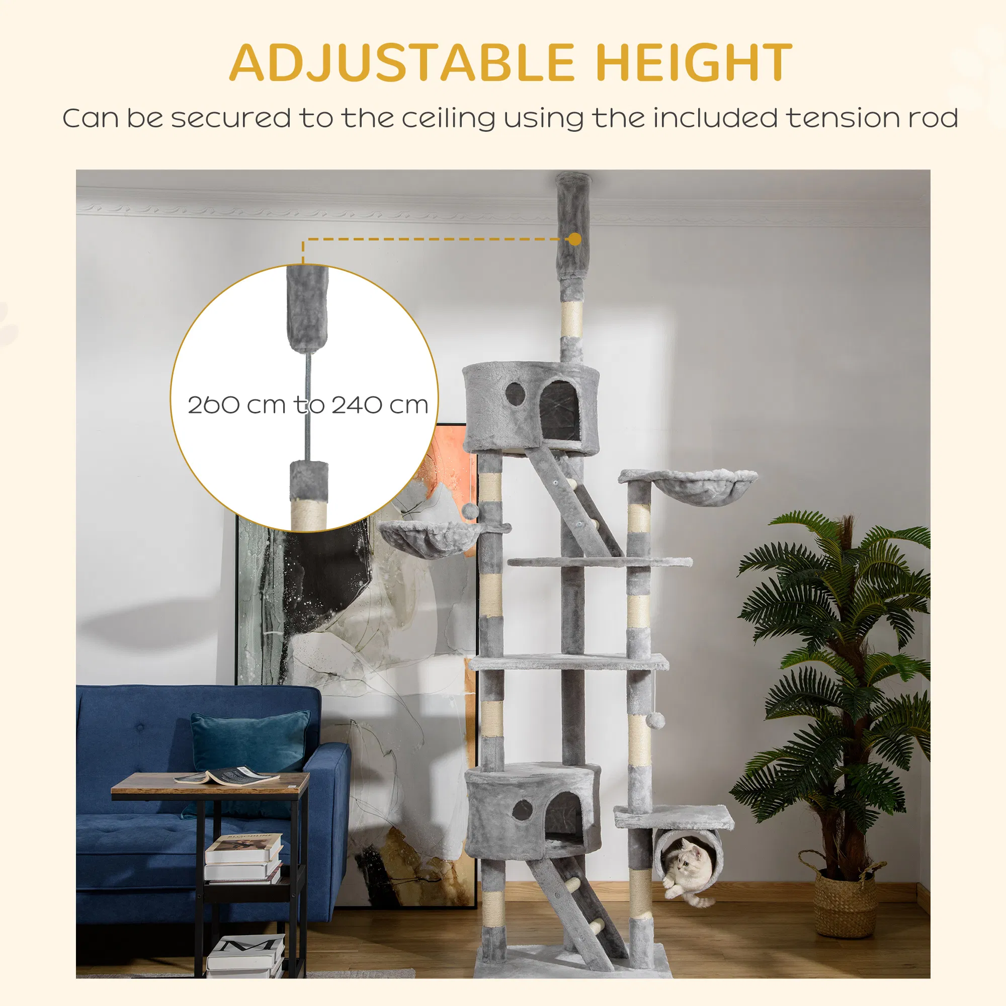 94"-102" Huge Cat Tree Ceiling High Cat Condo Scratching Post Activity Center Multi-Level Play House Light Grey — image 3