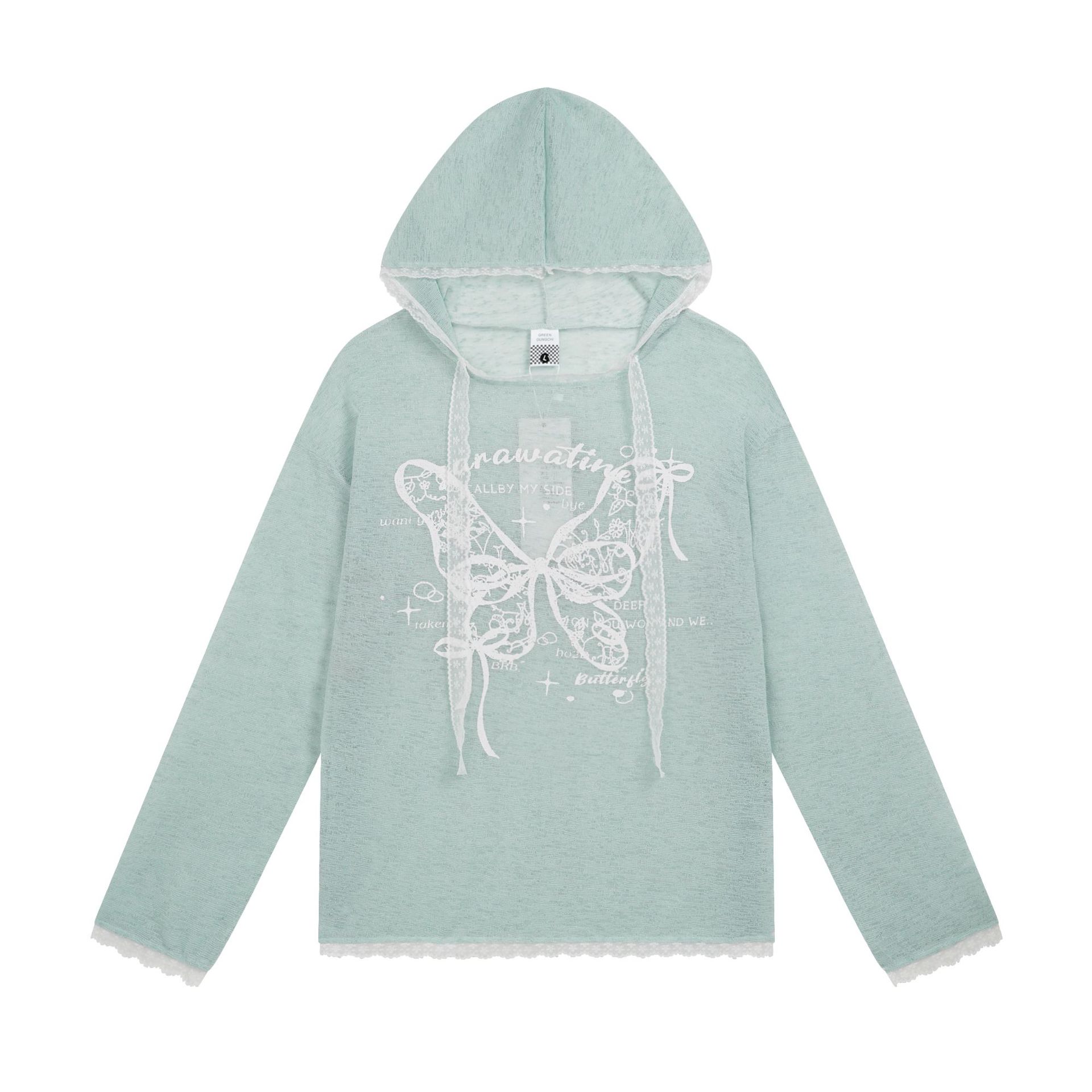 Lace Butterfly Applique Hoodie Lightweight Breathable Lace Trim Sweet Style Long Sleeve — image 3