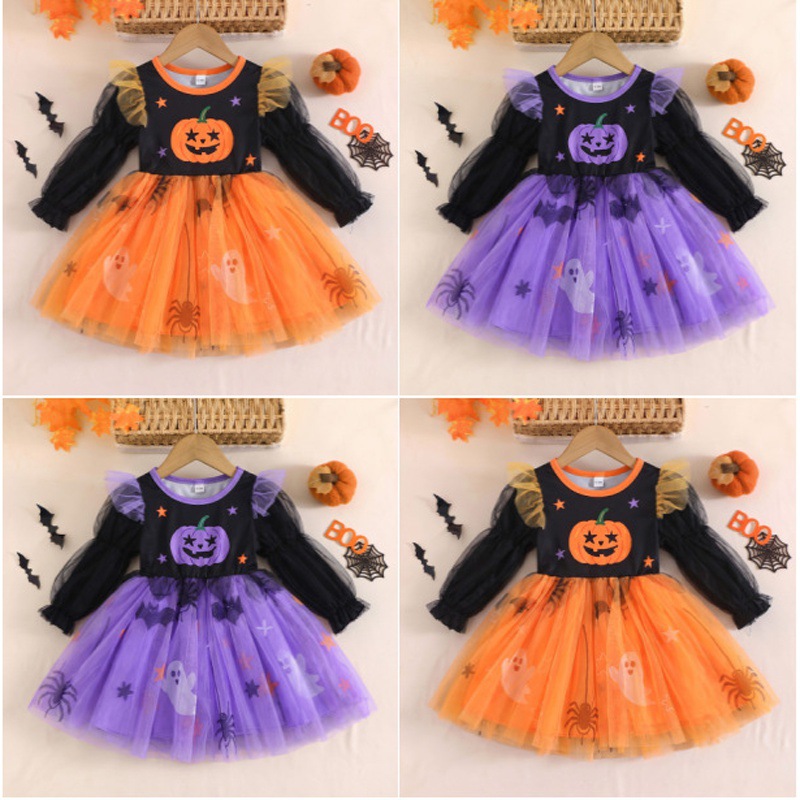Vestido de Halloween con calabaza y tulle para niñas manga larga manga en forma de pompon estampado fantasmas arañas — imagen 3