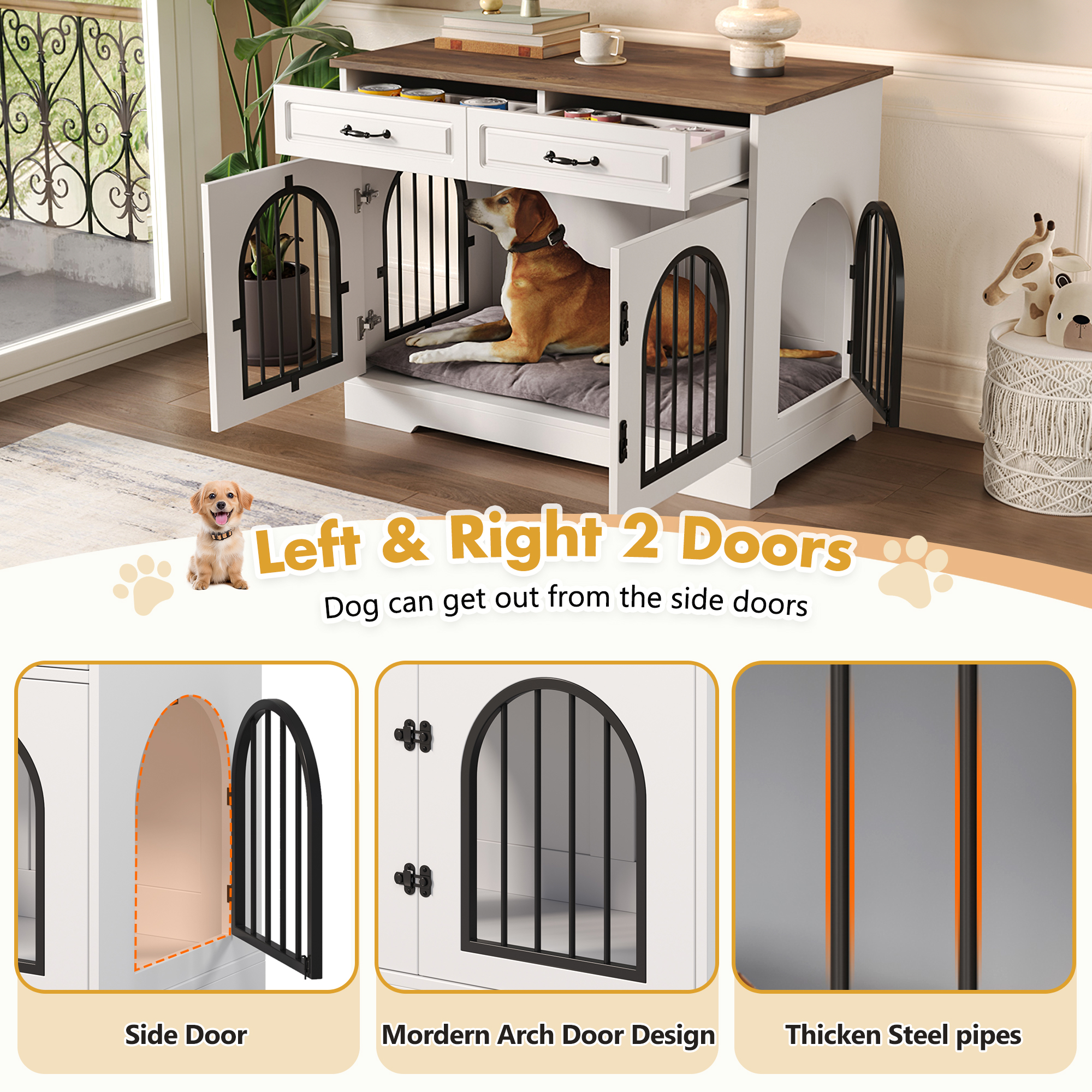 Jaula-Mueble para Perro de 43.3", Caseta Interior Resistente para Perro con 2 Gavetas de Almacenamiento, Jaula para Perro con Puertas Laterales Para Perros Medianos y Grandes, Mesa Auxiliar-Jaula, Blanco y Marrón — imagen 4