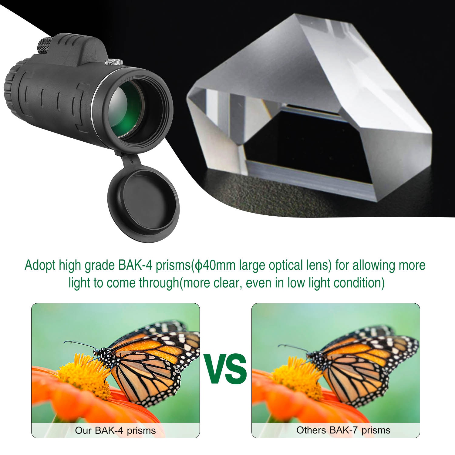 40 Plus 40 HD Optical Monocular Telescope With FMC Lens For Outdoor Low Light Vision Scope Phone Holder Tripod Compass For Bird Watching Hunting Camping Hiking Sport Event — image 6