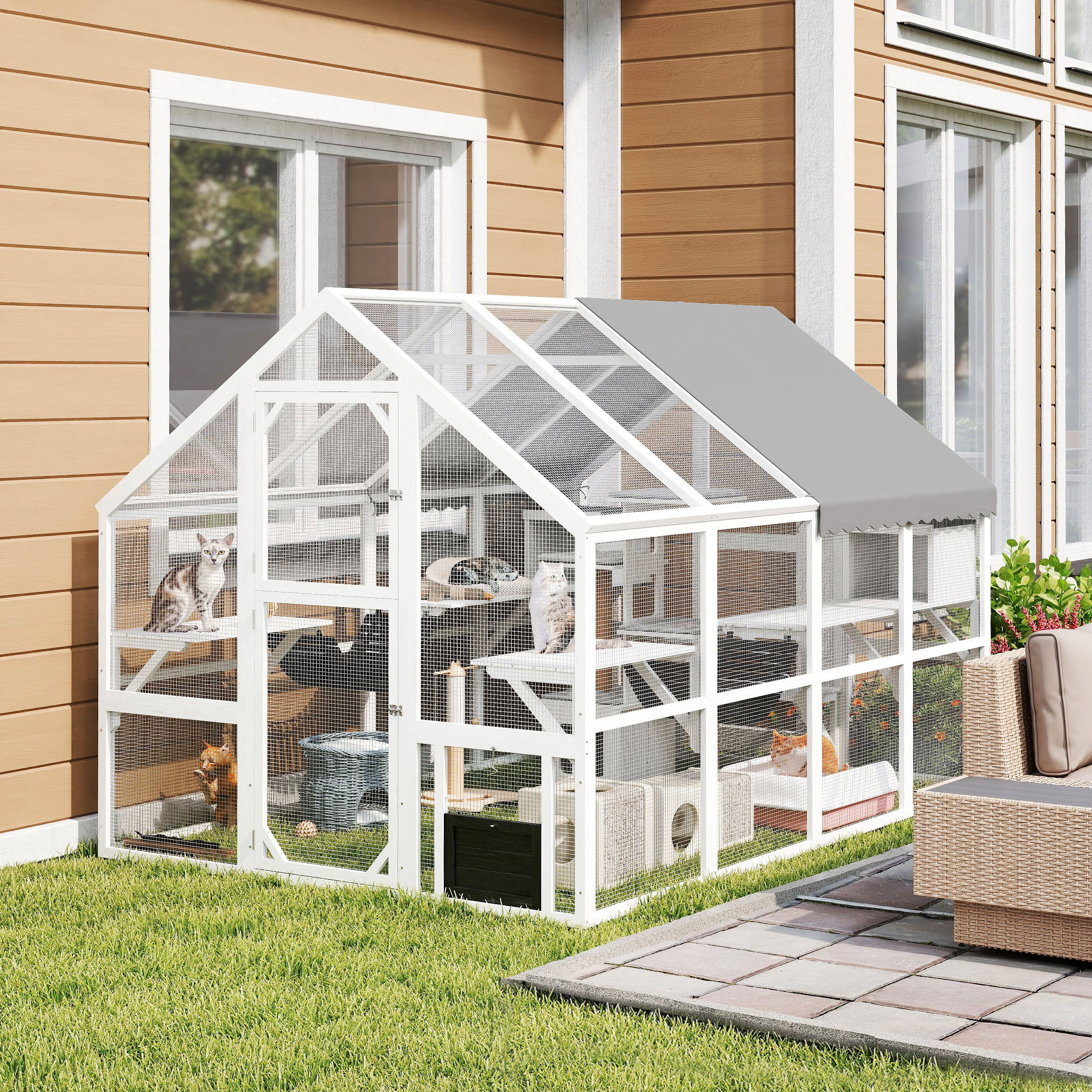 Wooden Catio Outdoor Cat Enclosure With Waterproof Cover, 2 Condos, 6 Platforms, Bridge, Doors, White — image 1