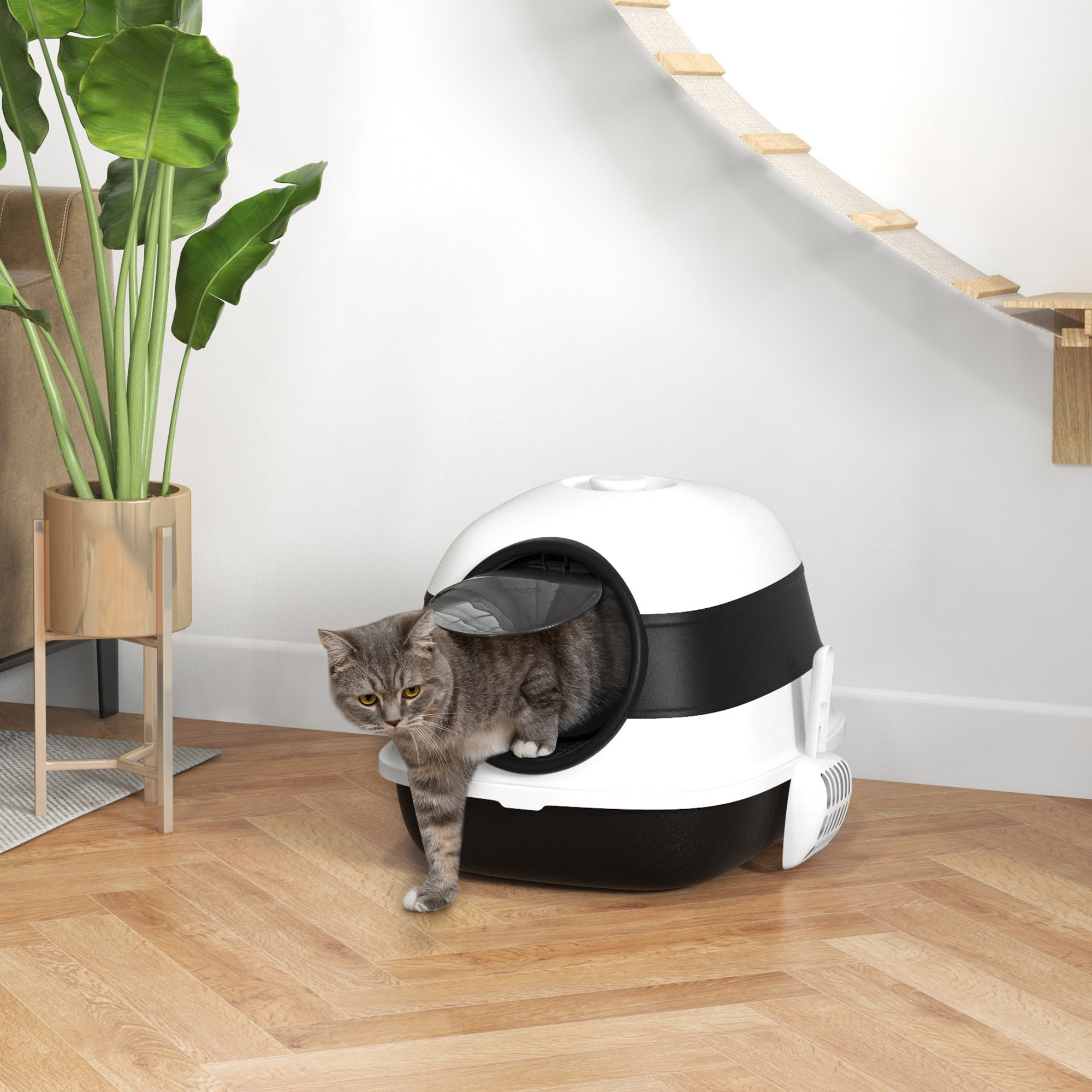 Dome Covered Cat Litter Box With Lid, White And Black — imagen 1