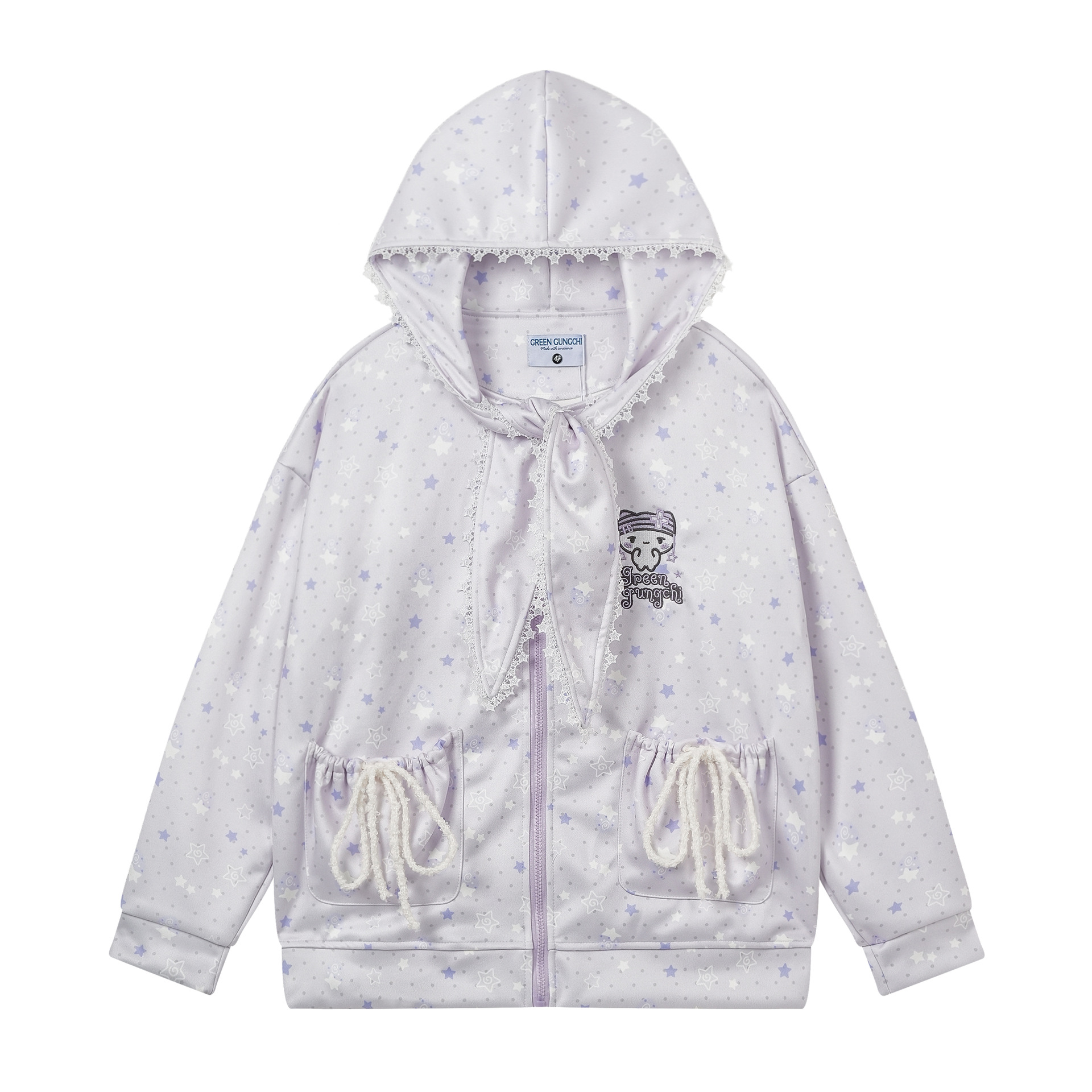 Star Print Hooded Cardigan with Lace Trim and Bunny Ear Drawstring Embroidery Sweet Style Jacket — image 2