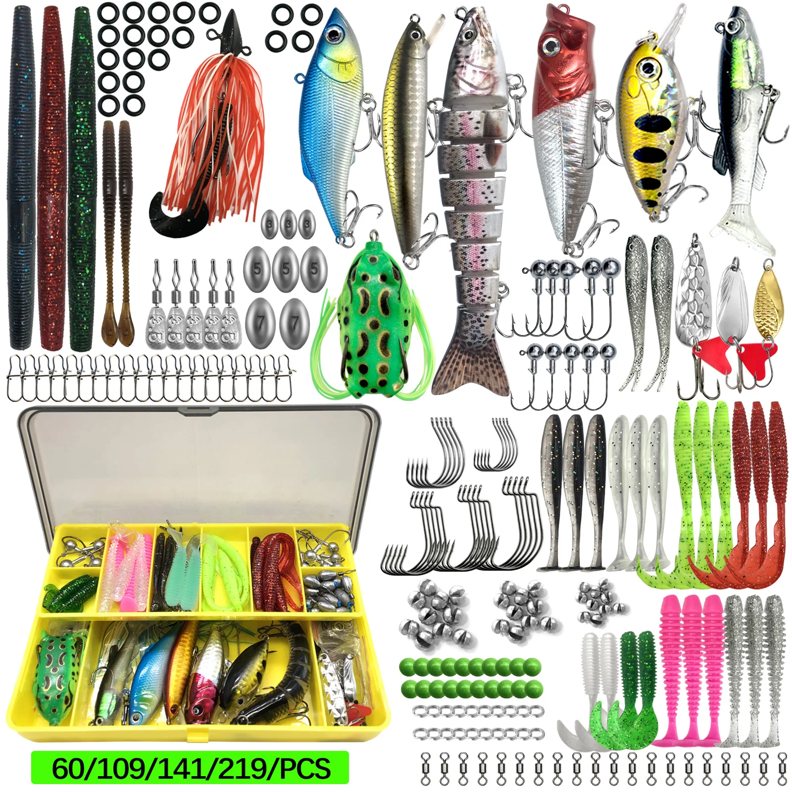 Kit de Golpes de Pescar 60/109/141/219 piezas Conjunto con Atracones Látigo Metálico Cucharas Duros Minnow Grumos y Accesorios con Caja de Equipo — imagen 1