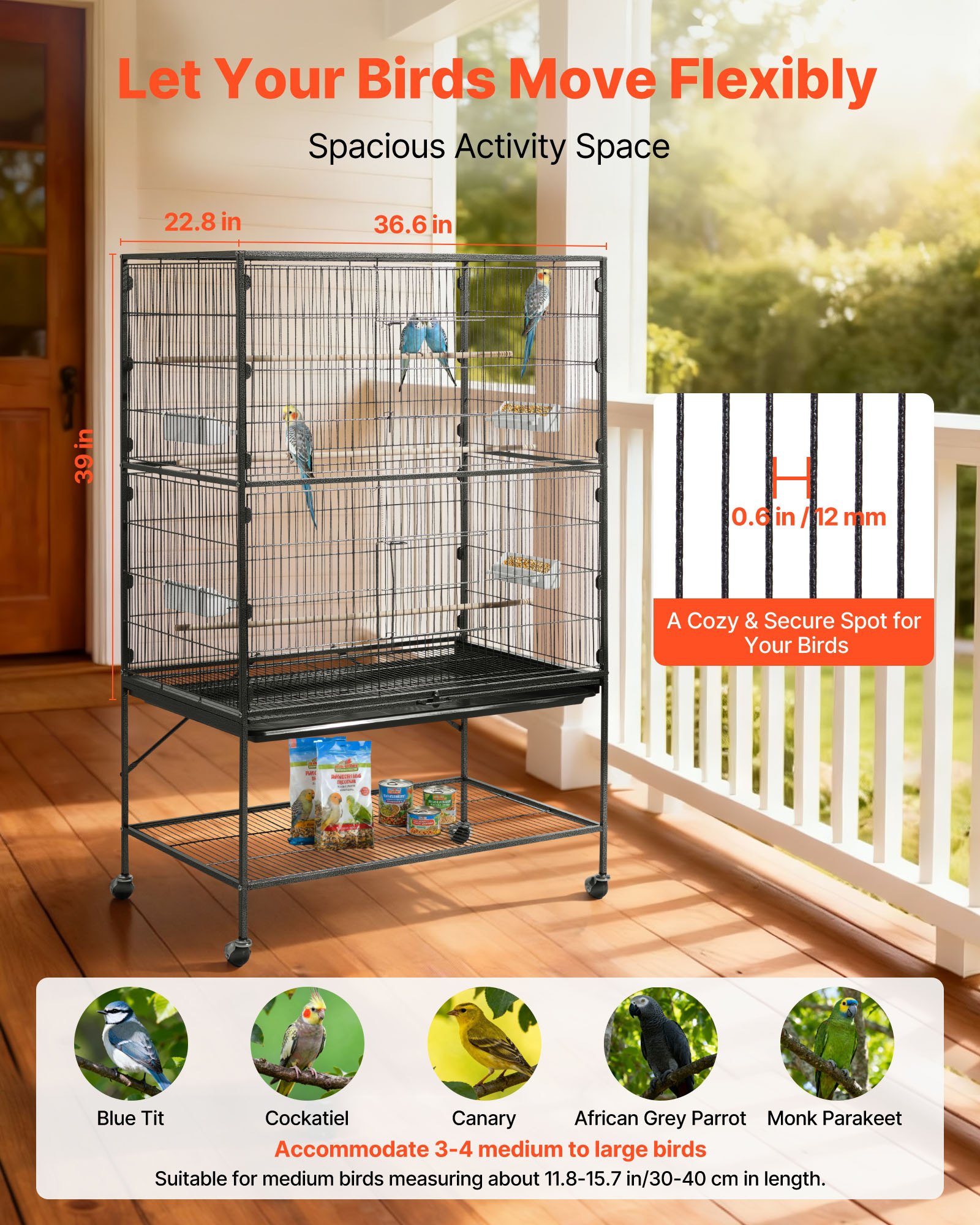 Bird Cage, 36.6 X 22.8 X 59.5 Inch, Flat Top, Wrought Iron Bird Flight Cage With Perches, Slide-Out Tray And Plastic Feeders, For Blue Tit, Cockatiel, Canary, Monk Parakeet, African Grey Parrot — image 4