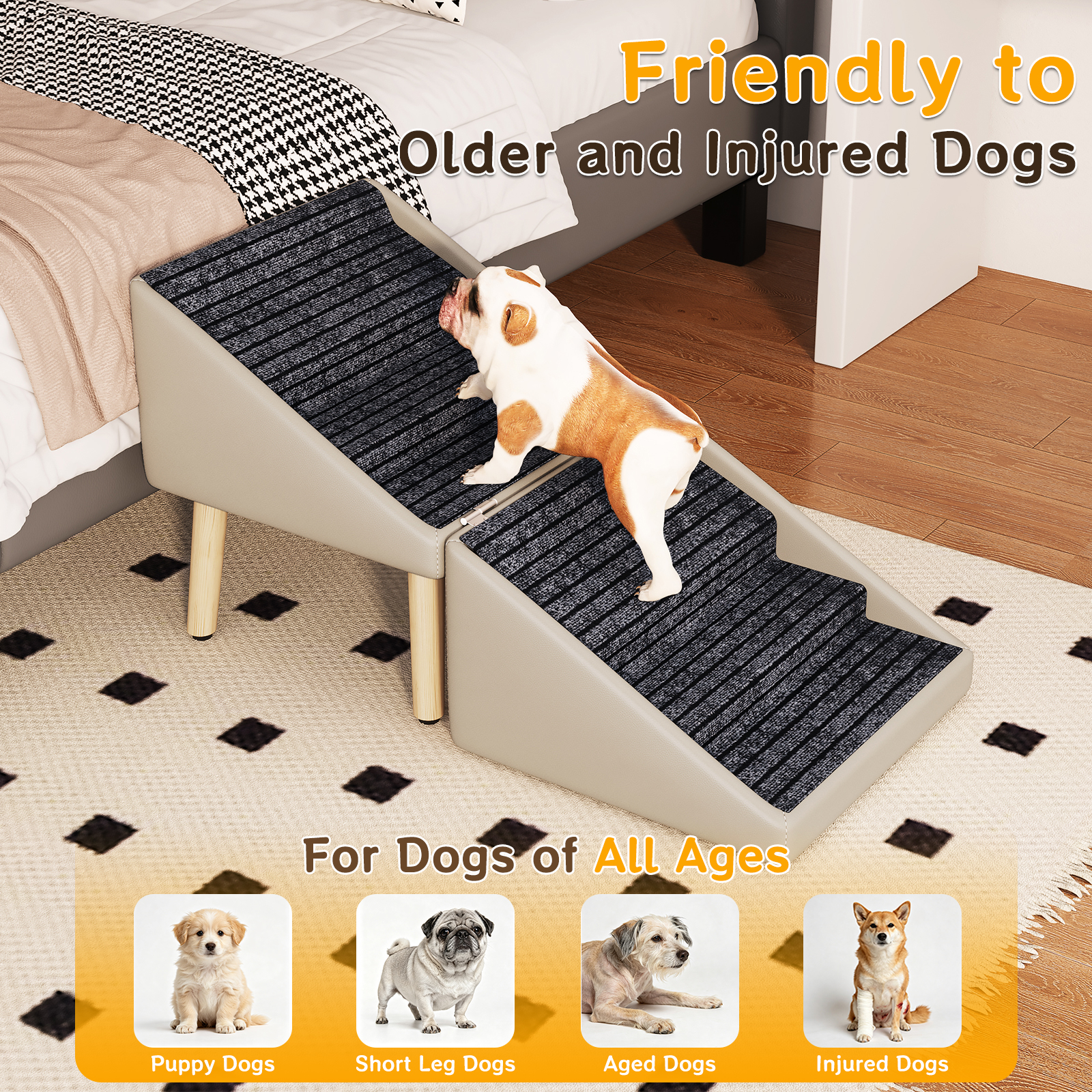 Paso para Perros para Cama y Sofá - Escaleras de Madera 2 en 1 para Perros Grandes, Medianos y Pequeños, Diseño Split con Superficie Antideslizante Gris Claro — imagen 26