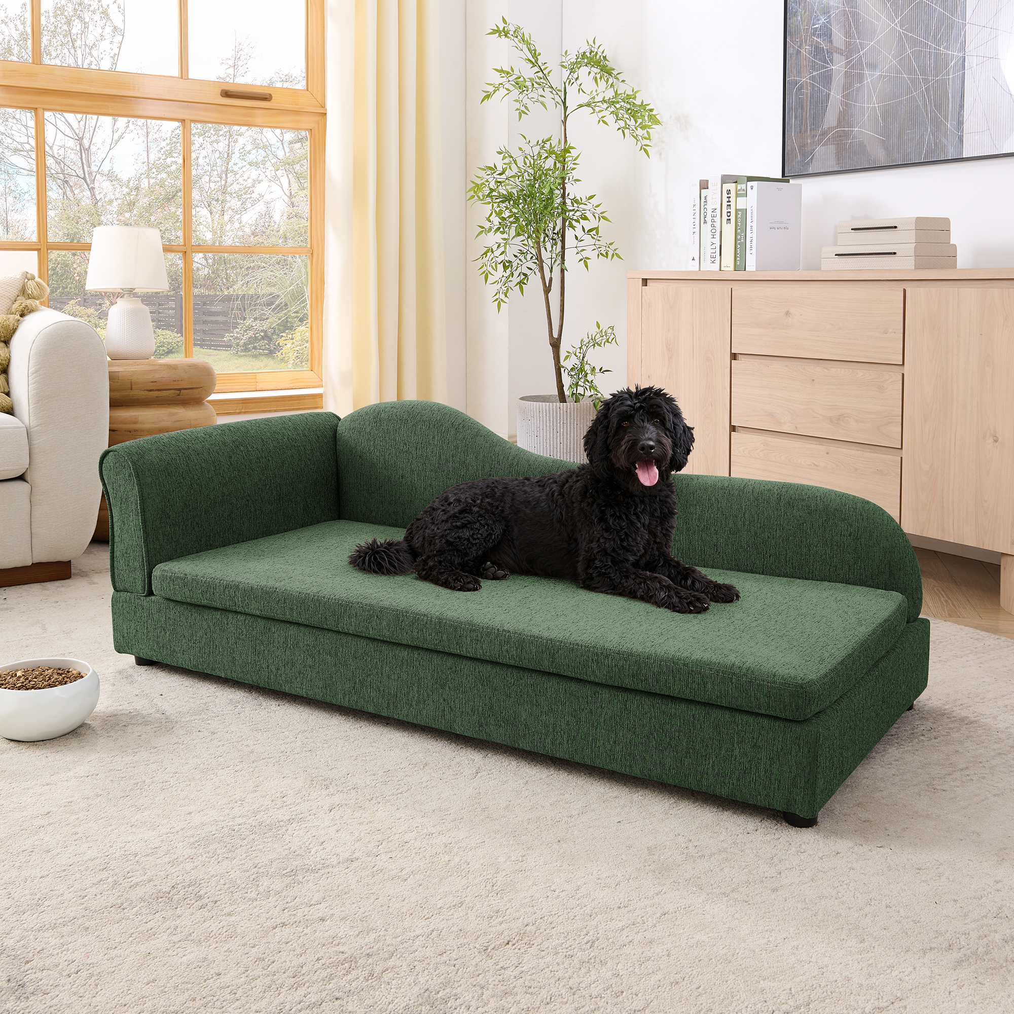 Oversized Pet Sofa For Medium Large Dogs - Modern Irregular Wave Backrest, Single Armrest, Premium Breathable Linen Fabric, Soft Cushion & Low Plastic Feet-Olive Green — imagen 5