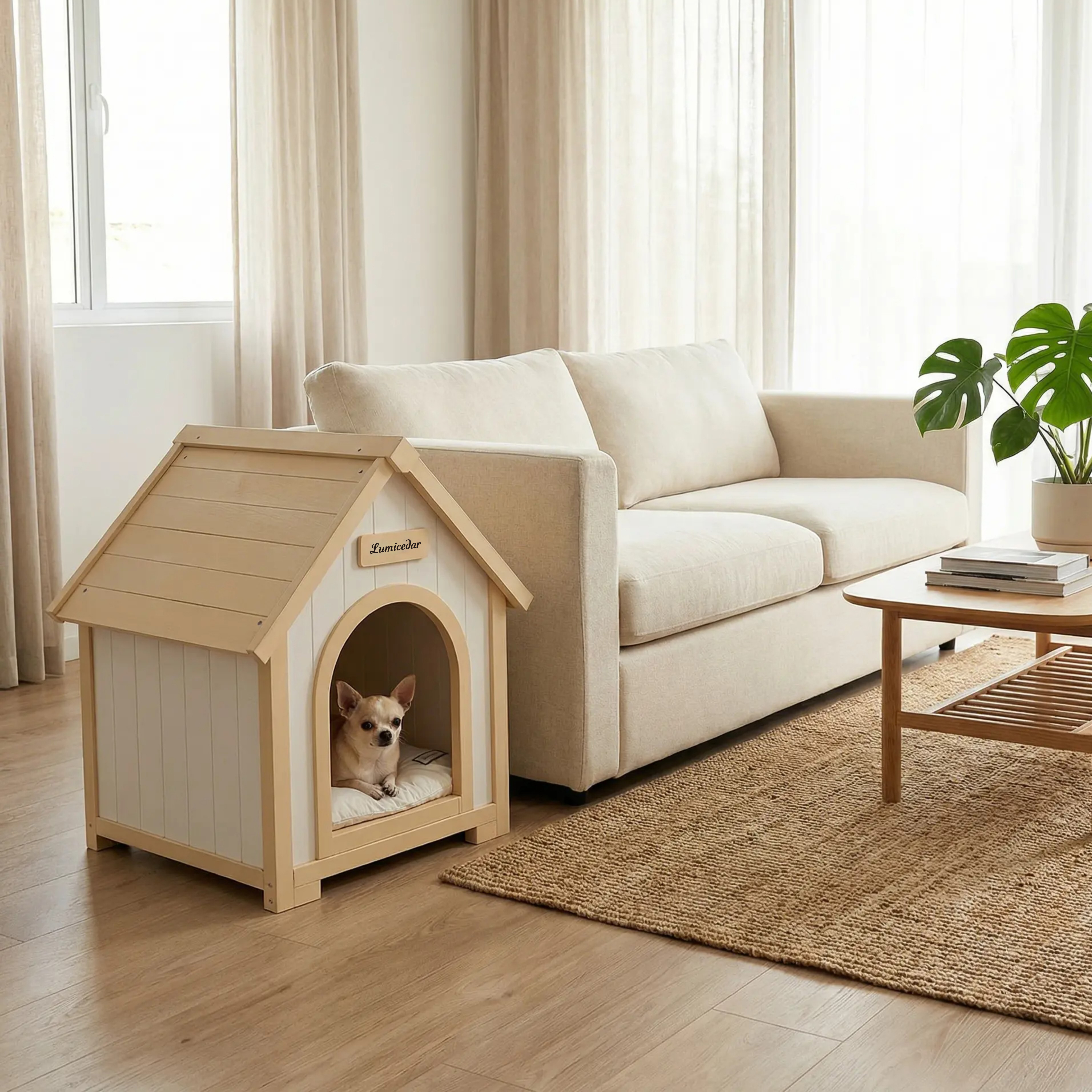 Casa de Perro Moderna en Madera para Interior con Almohadilla EVA – Casa de Animales de Ceder Solida para Pequeños Perros y Gatos — imagen 5