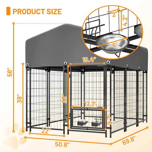Dog Kennel Outdoor With Roof, 4.23'x5.82'x4.83' Welded Wire Enclosure, Heavy Duty Dog Crate With UV-Resistant Waterproof Cover, Double Lock & Rotating Feeder — image 4