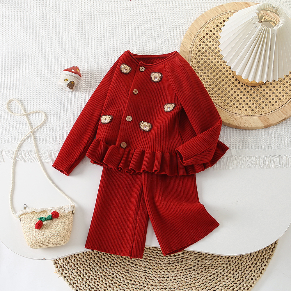 Sweet Bear Print Long Sleeve Sweater Cardigan and Casual Pants Set for Girls — image 4
