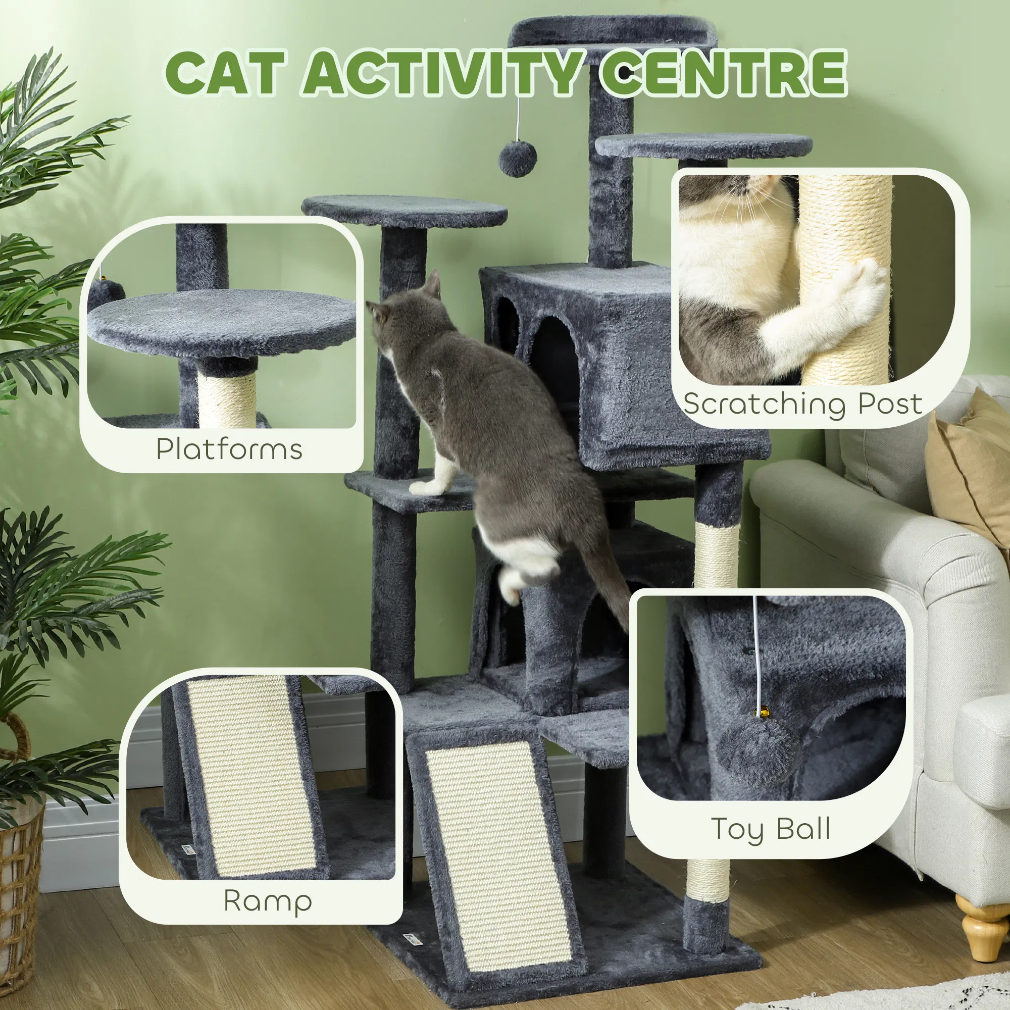 54" Cat Tree, Multi-Level Cat Tower with Scratching Posts, Cat Condos, Bed, Platforms, Ramp, Toy Ball, Dark Grey — image 2