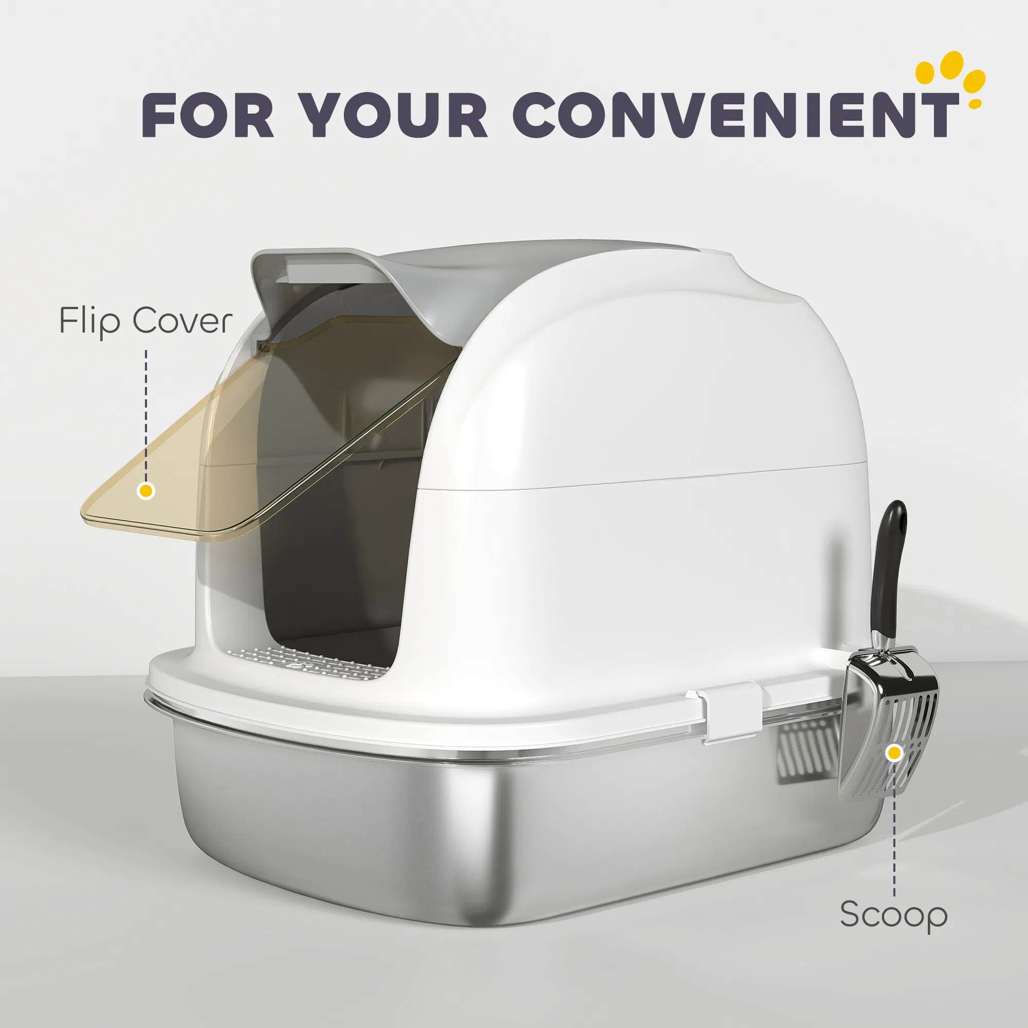 XL Stainless Steel Cat Litter Box with Lid for Big Cats, Enclosed Cat Litter Box with Flip Cover, Scoop — image 6