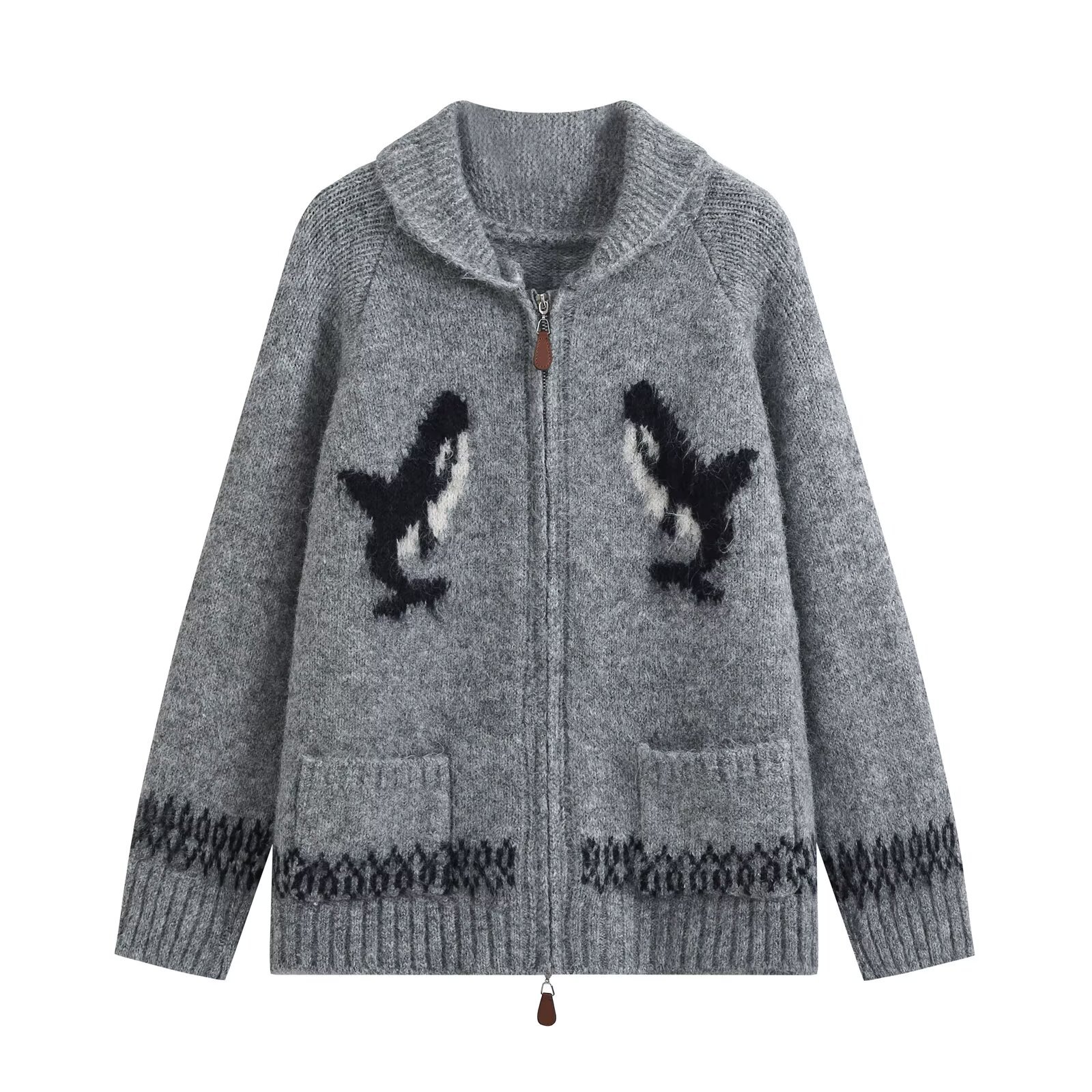 Double zipper shark jacquard embroidered knitted sweater jacket for women — image 3