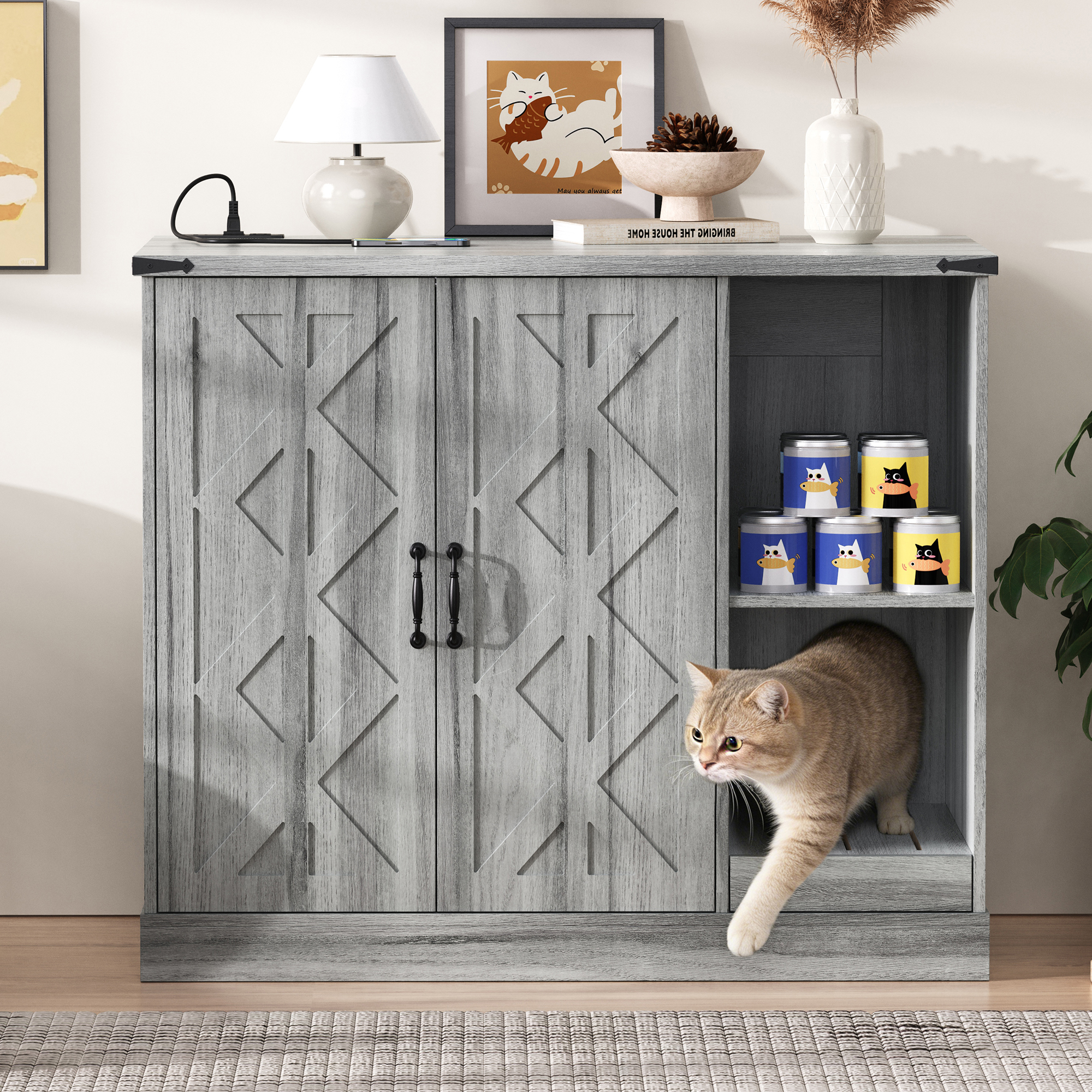 Cat Litter Box Cabinet With Power Outlet, Modern Litter Box Furniture For Large Automatic Litter Boxes, Hidden Litter Box Enclosure With Litter Catcher, Adjustable Storage Shelves, Gray — image 1