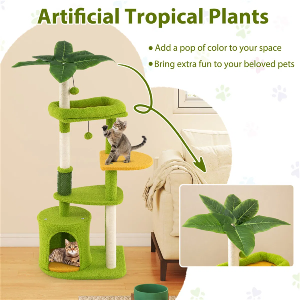 48" Cat Tree with Tropical Leaves - Self-Groomer & Scratching Posts, Space-Saving (Green+Orange) — image 3
