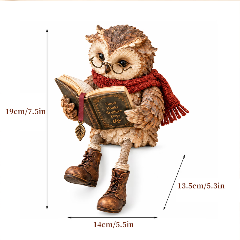 Reading Owl Figurine – Creative Owl Statue with Glasses, Scarf, Boots & Open Book, Bookshelf & Reading Nook Decor Sculpture — image 9