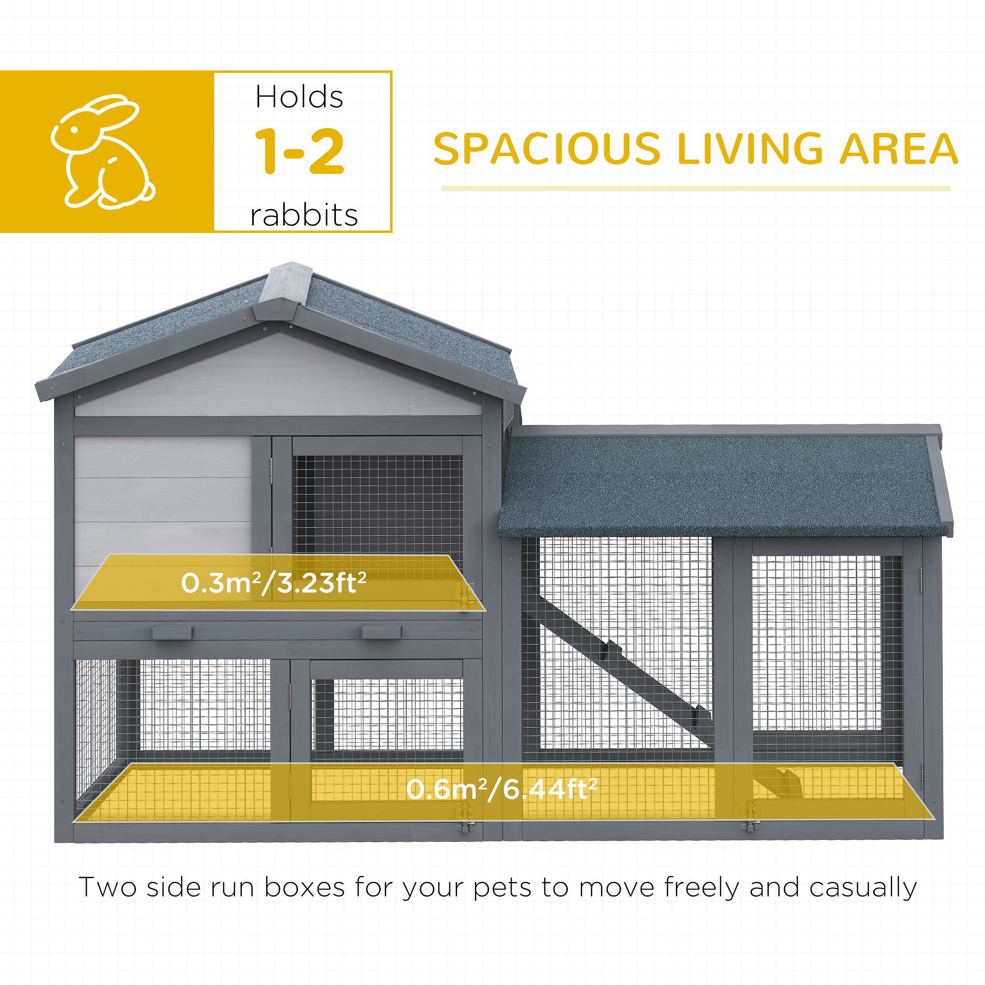Casa para Conejos al Aire Libre - Jaula de Madera con Área de Ejercicio y Suelo Retirable, Techo Asfáltico con Puertas Conectables y Rampa Gris — imagen 5