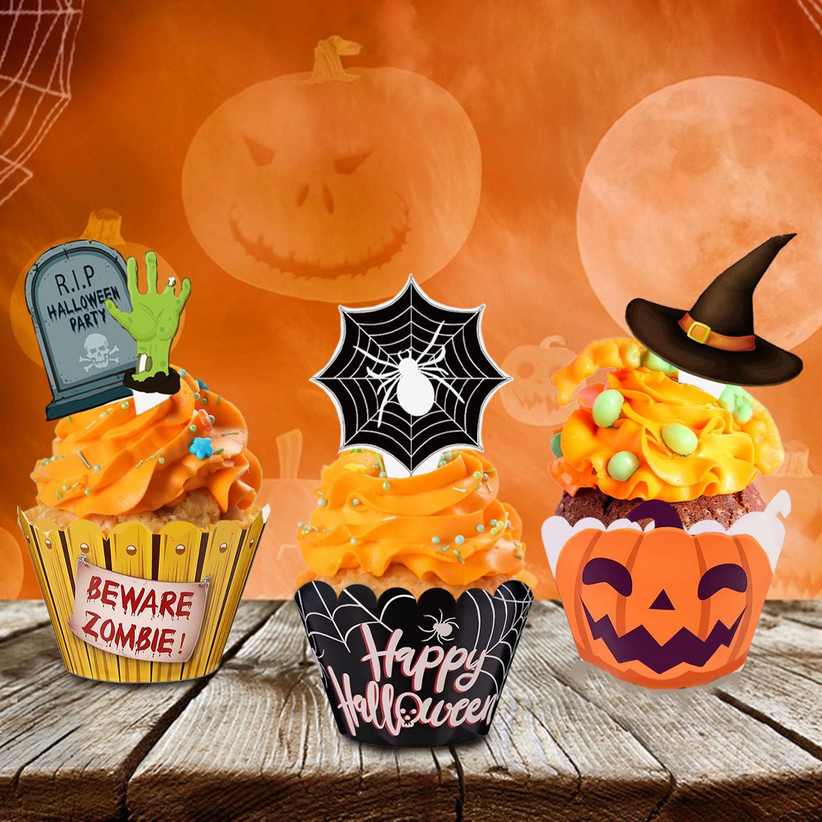 Set de 48 Piezas Decoración de Cupcakes de Halloween, Diseño de Mano de Zombi, Sombrero de Bruja, Telaraña y Lápidas, 3 Estilos de Picks y Envolturas Feliz Halloween — imagen 7