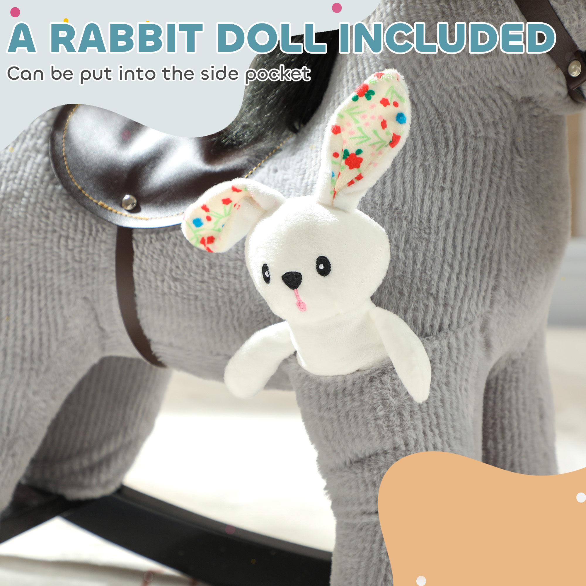 Caballo de Madera para Niños, Montura Plush con Sonidos de Caballo y Juego para Edad 2-5 Años, Gris — imagen 7
