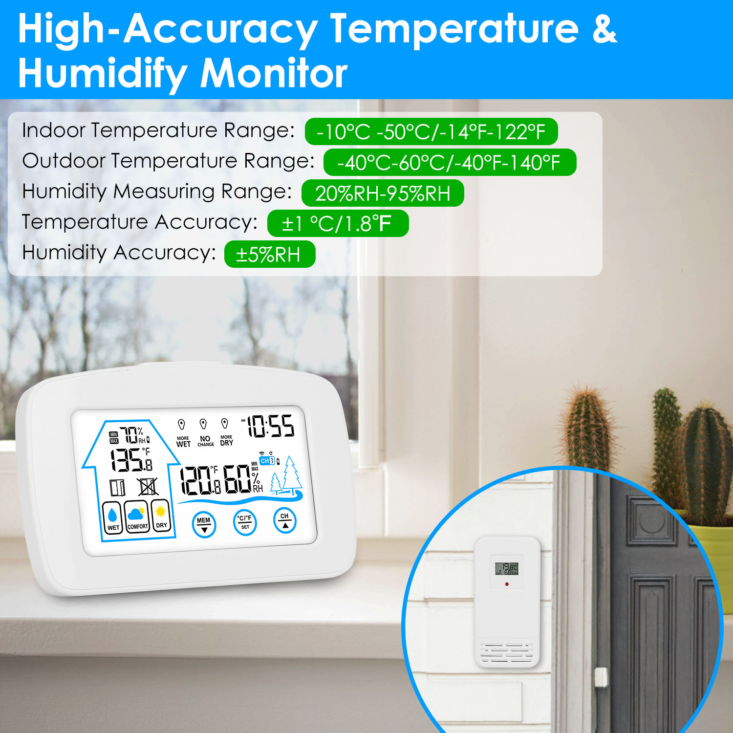 Wireless Weather Station With Clock 196FT Range Indoor Outdoor Thermometer Sensor Temperature And Humidity Monitor Humidity Forecast Battery Powered Backlight Display — image 9