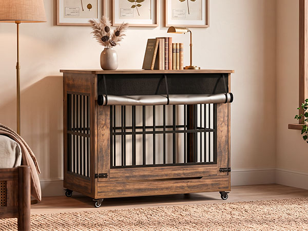 Large Dog Crate Furniture, Double Door Wooden Indoor Dog Kennel Furniture, Decorative Pet Cage End Table With Wheels For Large Breed Dogs, Size XL, Greige — image 34