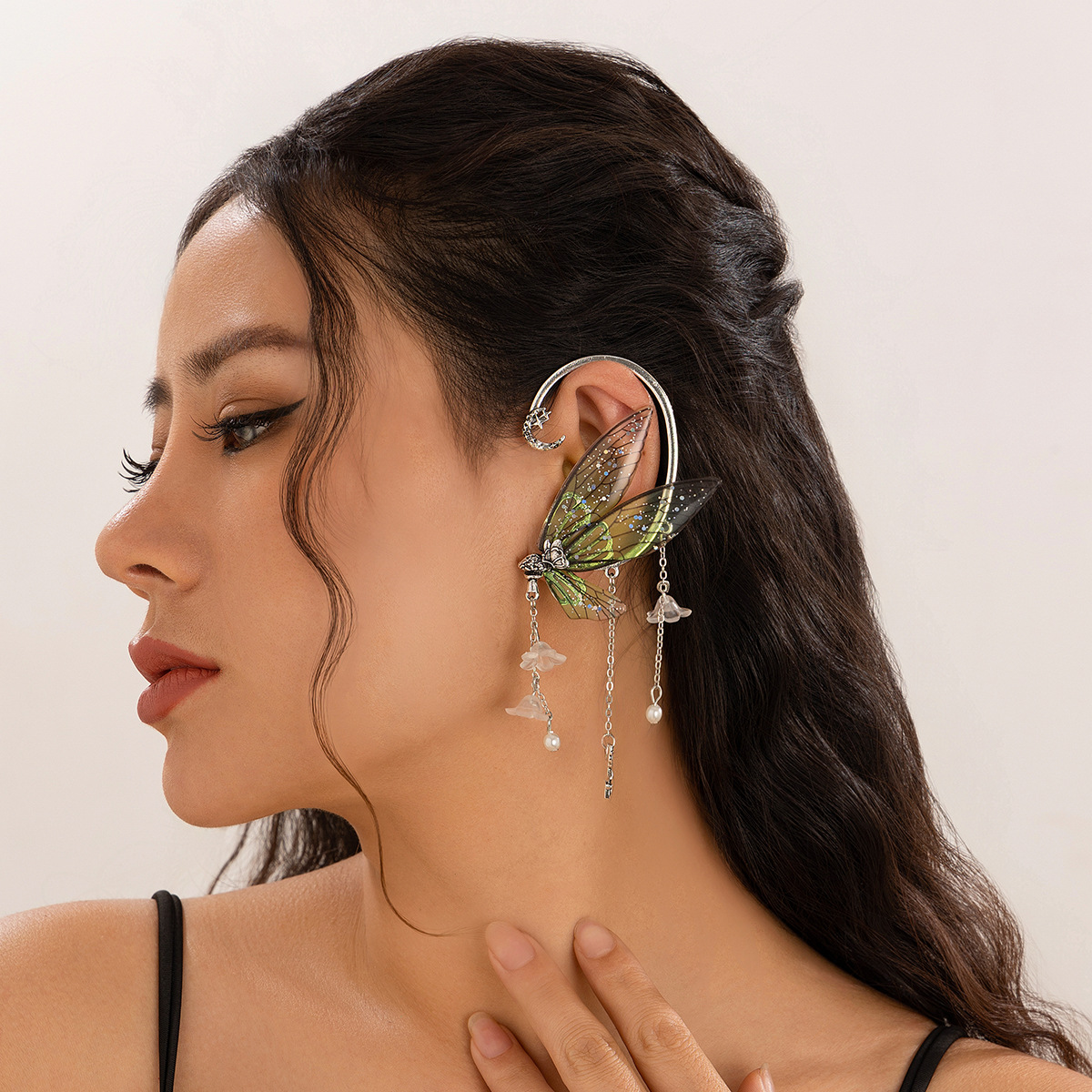 Forest style elf ear tassel ear hanging butterfly outline earring jewelry wing ear clip — image 3