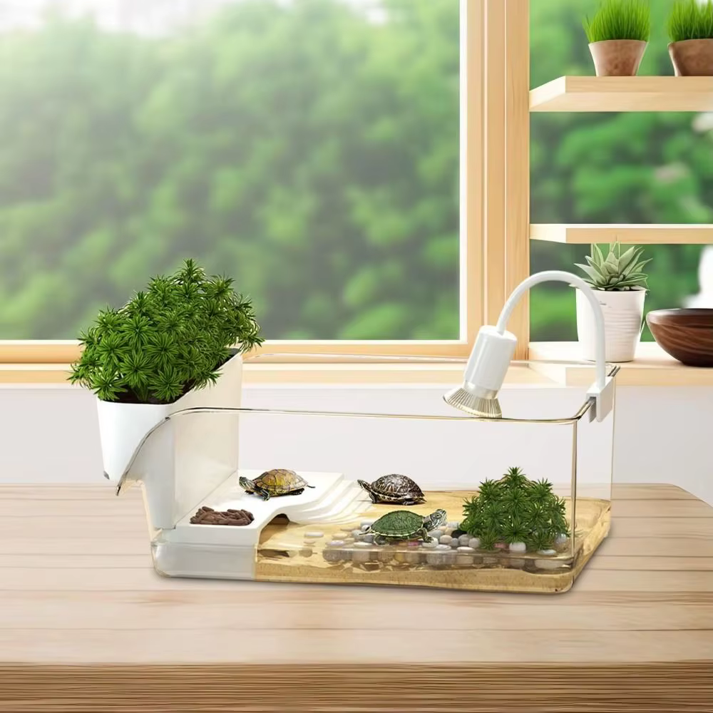 Transparent Turtle Tank with Basking Area Sun Climbing Landscape Turtle Tank Ecological Landscaping Reptile Terrarium Habitat — image 3