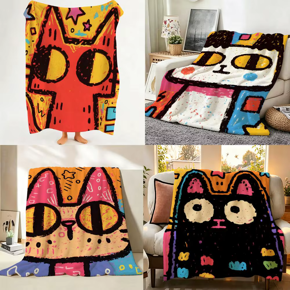 Manta de Franela Suave con Ilustración de Gato Estilo Graffiti Artístico, Ideal para Sofá, Sala y Dormitorio — imagen 1