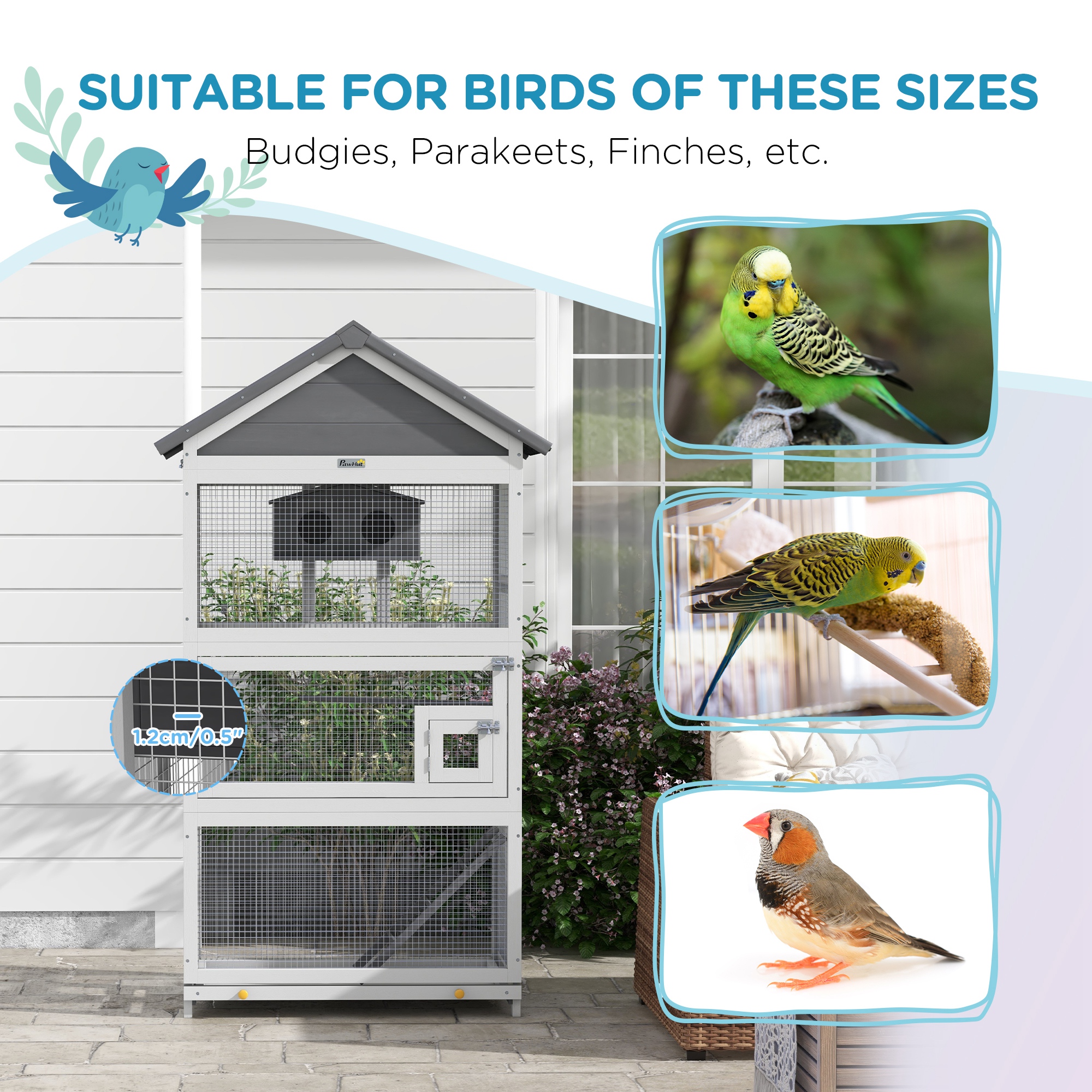 Casa de Aves en Madera con Trasladador, Casita para Pájaros, Escalera y Perchas para Pinzones, Canarios Grises — imagen 7