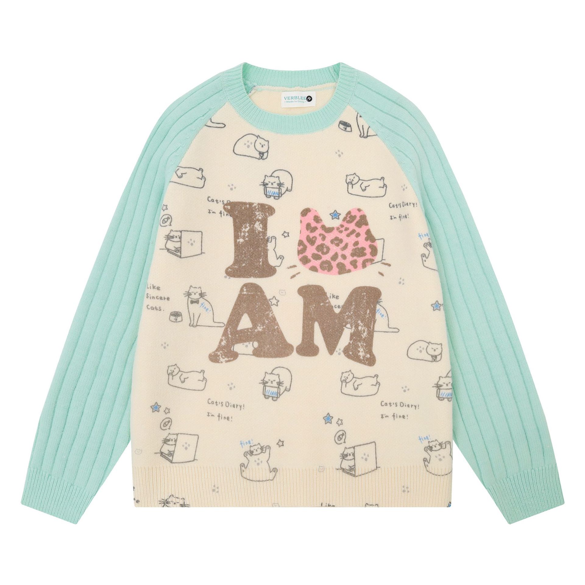 Loose Lazy Fit Cat Print Color-Block Lettering Raglan Sleeve Round Neck Pullover Sweater — image 1