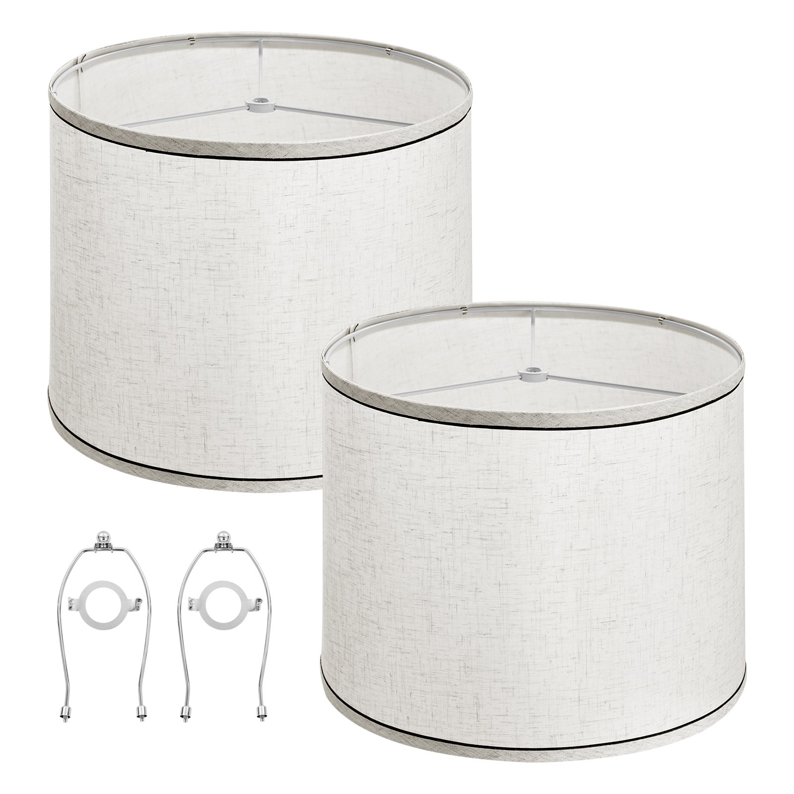 Conjunto de Sombrillas de Lámpara 2 Piezas, 11 Pulgadas Alto x 13 Pulgadas Ancho x 10 Pulgadas Profundo (Ajustador de Araña), Mediana Sombrilla con Harpa para Reemplazar en Mesita y Suelos, Tela de Lino Claro con Borde Negro — imagen 1