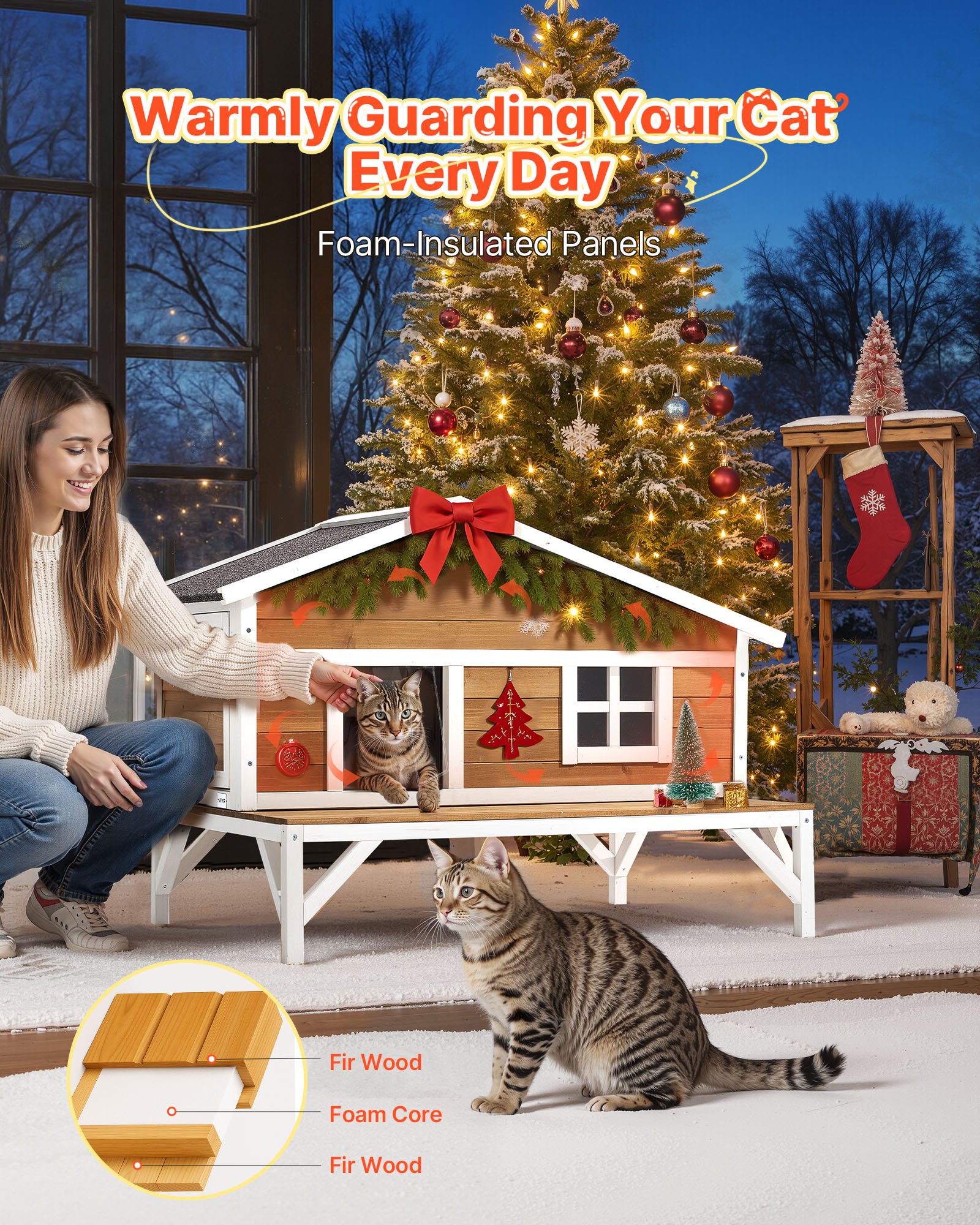 Casa Aislada para Gatos, Refugio Elevado con Aislamiento de Espuma en Todos los Lados, Casa de Madera para Gatos Ferales con Amplia Plataforma, Condominios de Gatos Impermeables para Gatos de Interior y Exterior en Invierno 43.5x33.5x31 Pulgadas — imagen 5