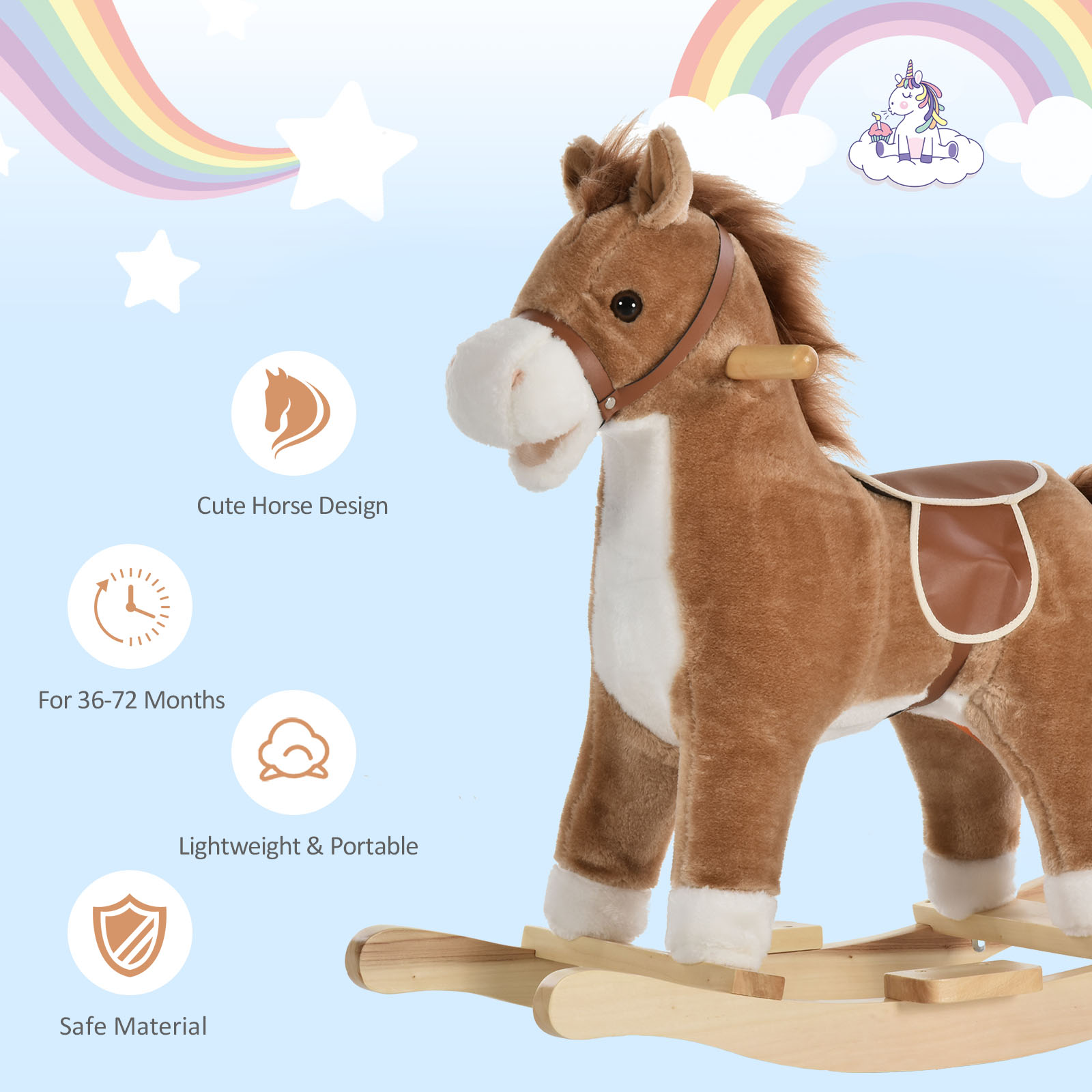 Caballo de Madera con Sonidos y Movimientos, Silla de Paseo para Niños con Boca que Se Mueve y Cola que Se Balancea, Marrón — imagen 7