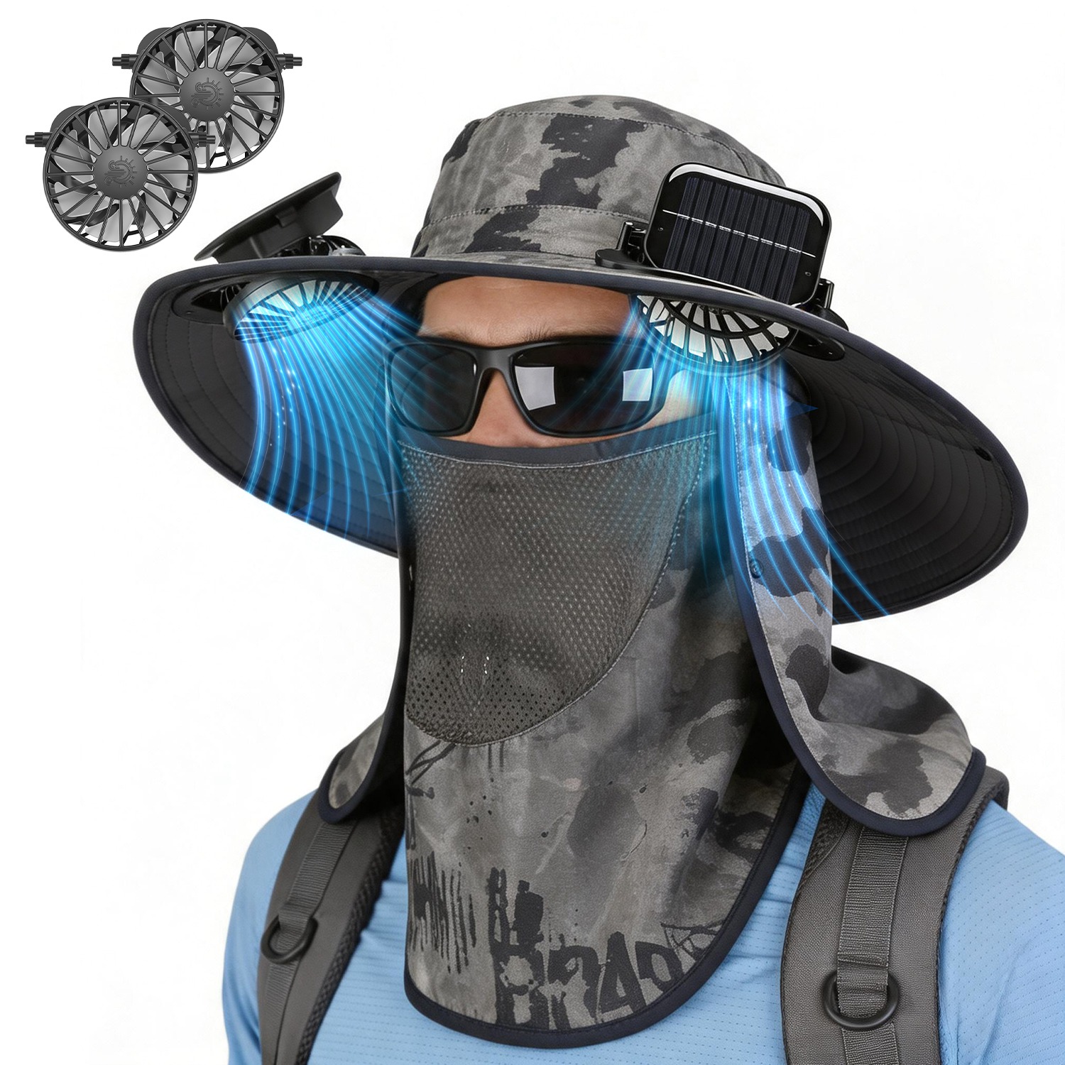 Sombrero con Ventilador Solar 2 en 1 UPF50 Sombrero para el Sol con Ventiladores, Sombrero de Pesca de Ala Ancha con Cubrecara y Protector de Cuello, Carga USB Solar Para Senderismo, Jardinería, Trabajo al Aire Libre — imagen 22