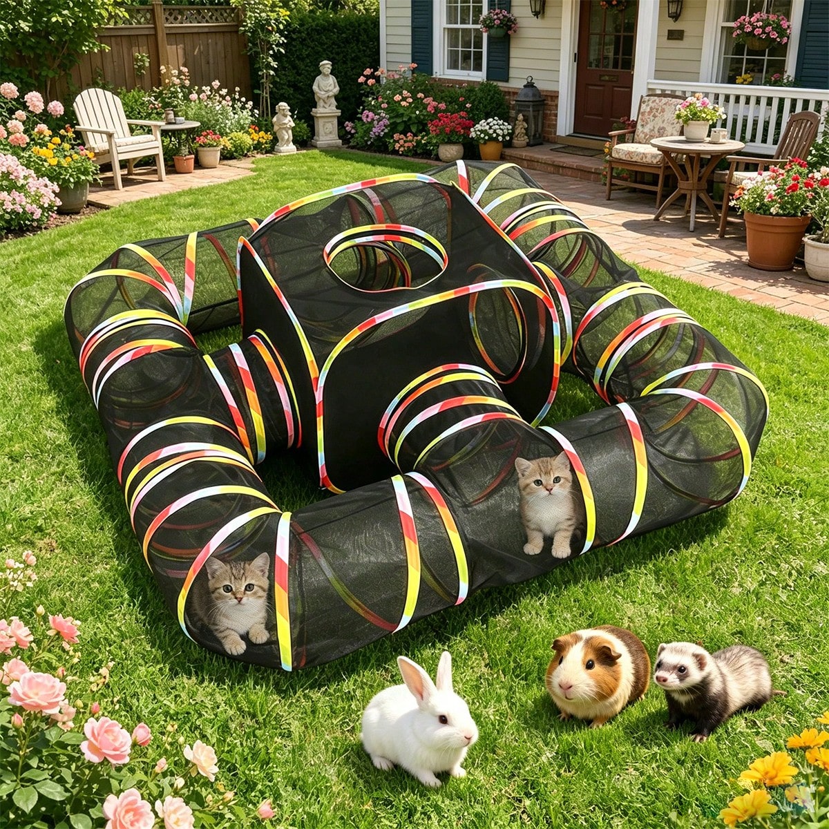 Outdoor Rainbow Cat Enclosure, 5 In 1 Portable Cat Tents For Outside Cage Free Outside Pet Enclosure Cat Tunnel Outdoor Playground For Indoor Cats And Small Animals — image 1
