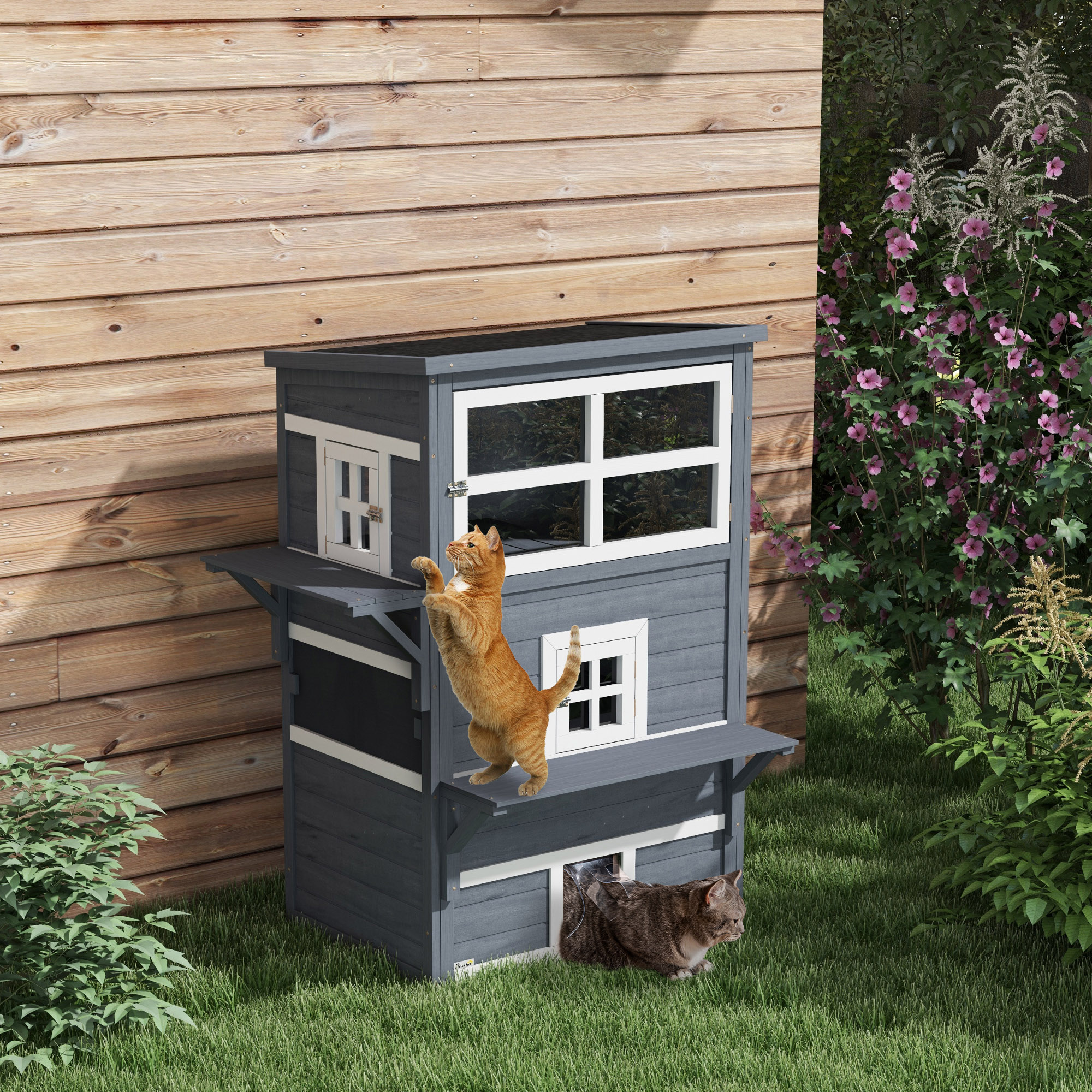 Casa de Gato Exterior, 3 Niveles, Refugio para Gatos Ferales, Resistente al Tiempo, con Puerta de Escape — imagen 7