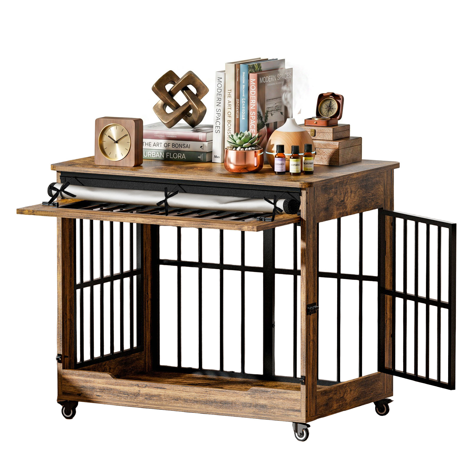 Dog Crate Furniture, Double Door Wooden Indoor Dog Kennel Furniture, Decorative Pet Cage End Table With Wheels For Large And Medium Breed Dogs, Size L, Greige — image 12