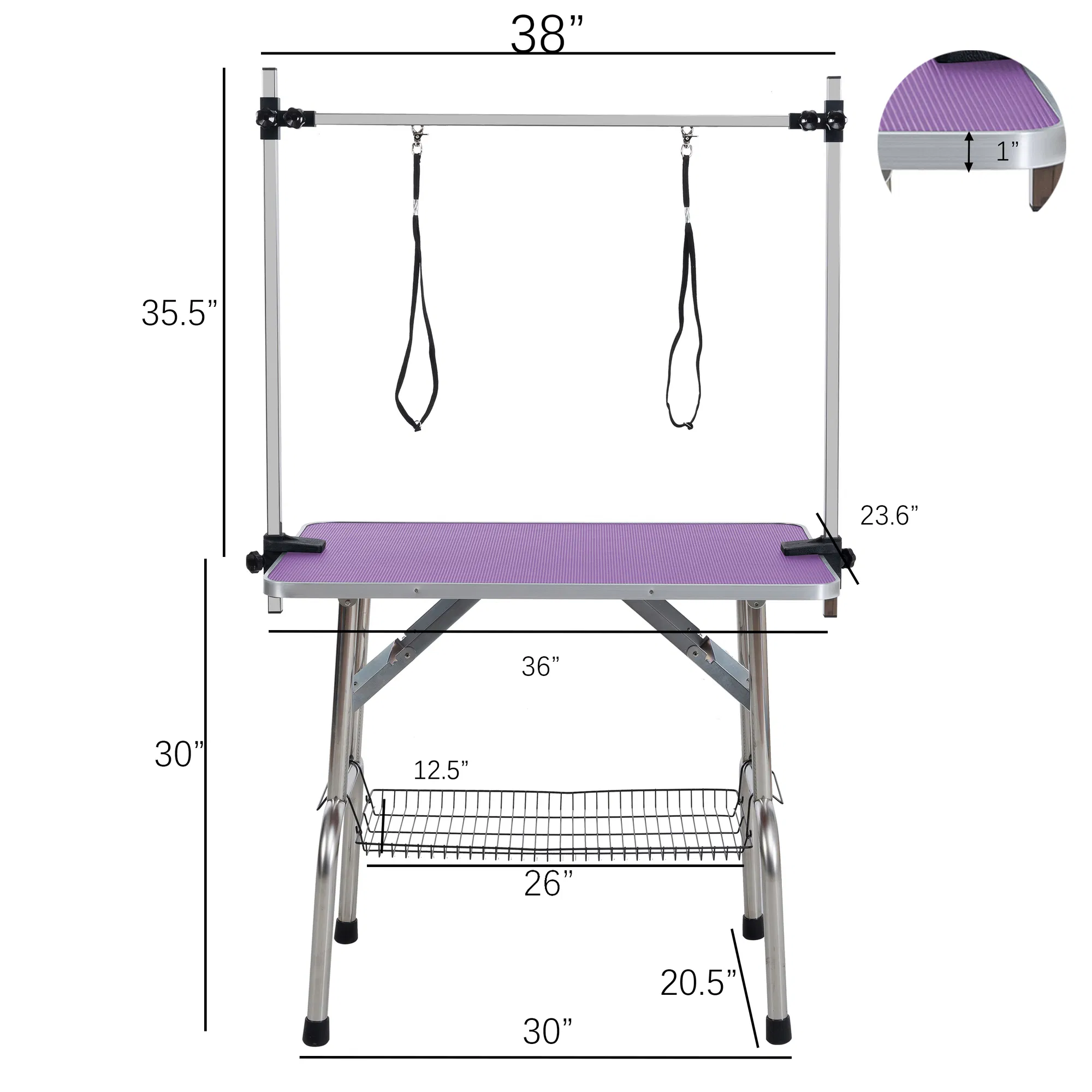 36" Folding Dog Pet Grooming Table Stainless Steel Frame Rubber Mat on Board with Adjustable Arm and Clamps pet dog Cat Grooming Table (PURPLE COLOR) — image 4