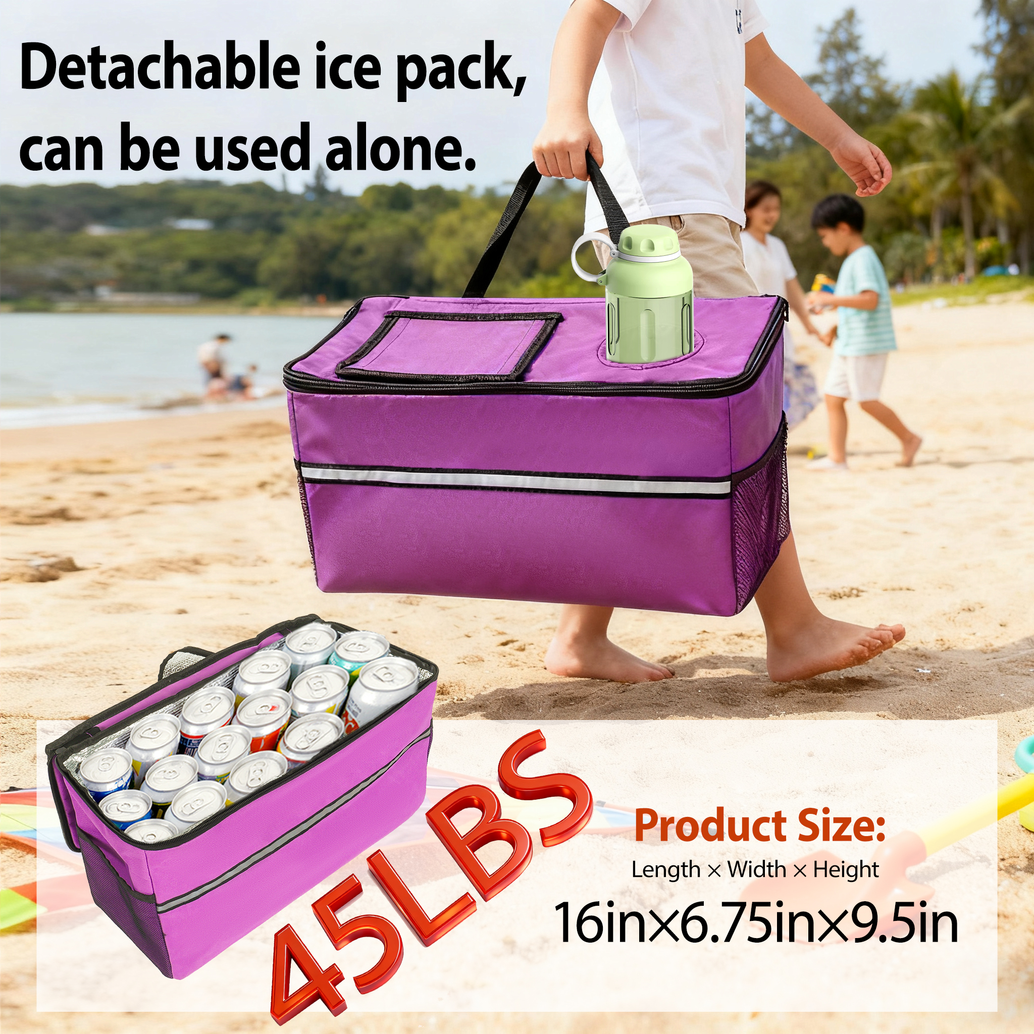 Carro Plegable Resistente 3 en 1 con Asiento tipo Banca y Almacenamiento, Protección de Patente - Incluye 1 Bolsa de Hielo, Capacidad de 500lbs / 180L, Ruedas Todo Terreno para Camping, Playa, Deportes, Jardín y Pesca, Morado — imagen 2