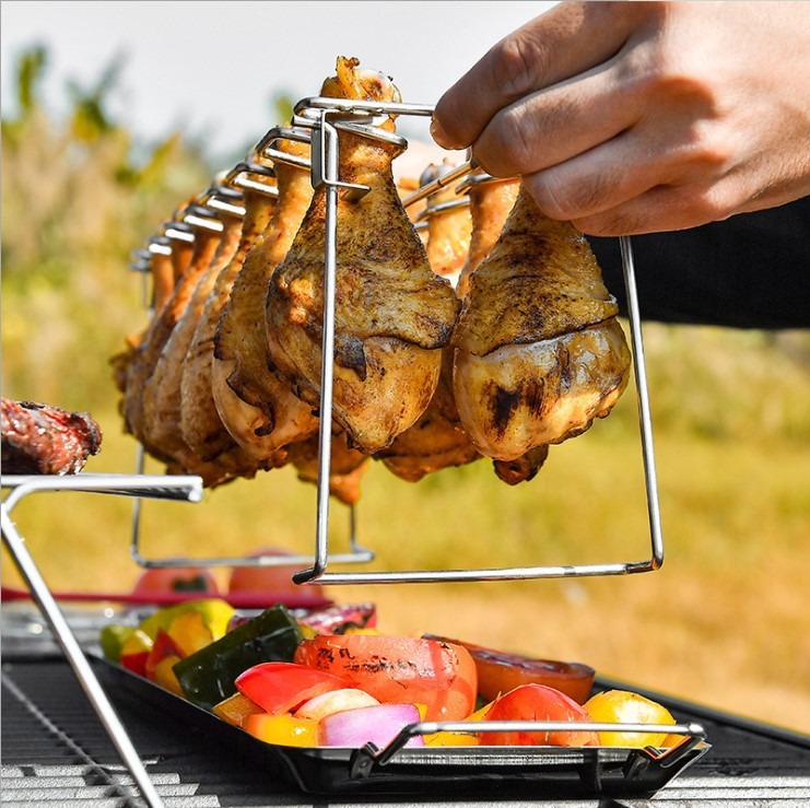 Folding Stainless Steel Grilled Chicken Leg Rack Grill BBQ Grill Pan Grill Rack Convenient Carry Bottom Tray Grilled Chicken Rack — image 1