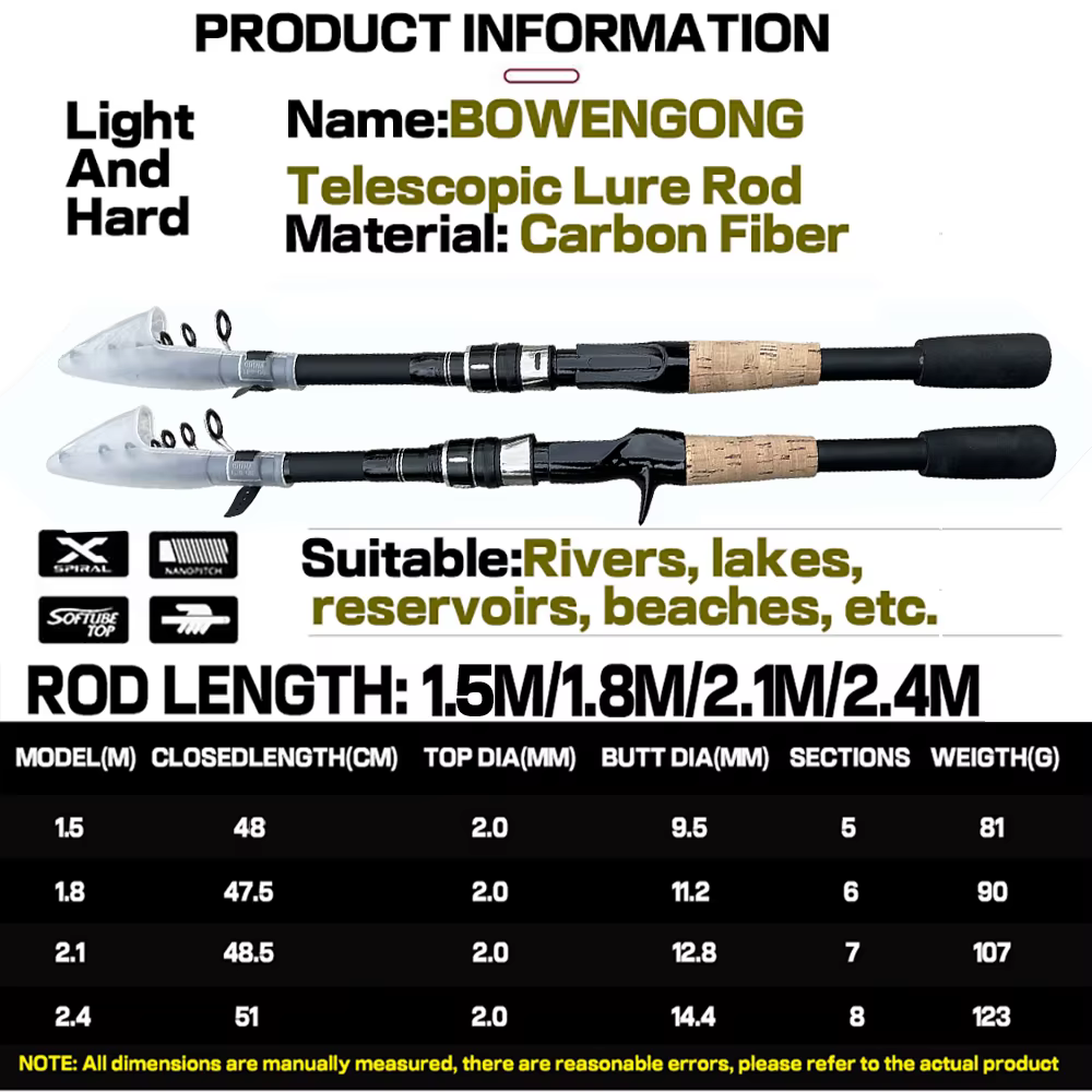 Baitcasting Lure Fishing Rod Spinning Telescopic 8g-25g Wooden Handle Carbon Casting Fishing Tackle Professional Light-weight — image 5