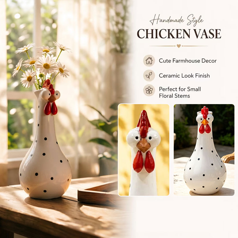 Hand-Painted Rooster Vase Sculpture | Long Neck Cartoon Rooster Decor with Colorful Polka Dots | Waterproof Resin Home Accent — image 10