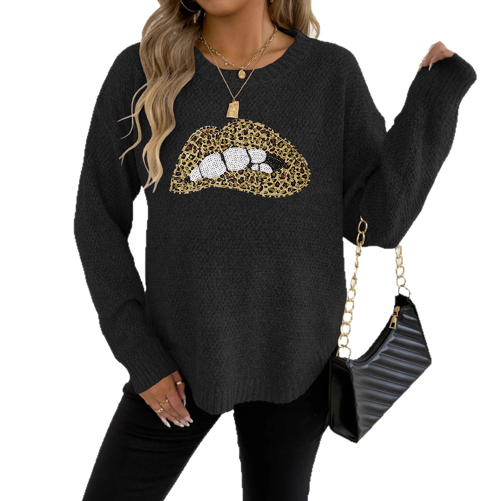 Women's leopard print embroidered sequin lip design round neck pullover sweater — image 6