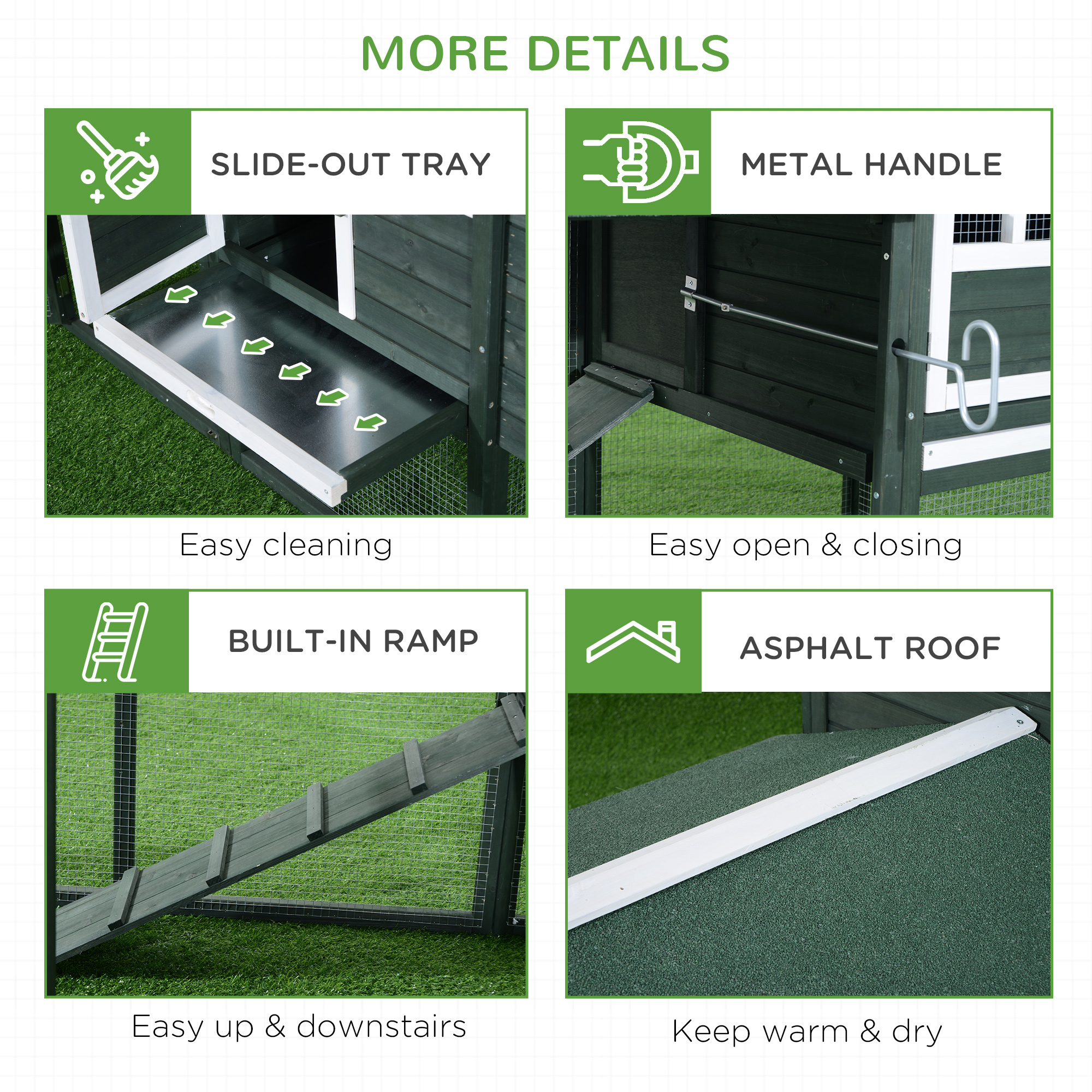 Gallinero de Madera de 84", Casa para Gallinas de Exterior con Corral y Nido, Techo de Asfalto, Bandeja Extraíble, Rampa, Jaula para Aves para 2-3 Gallinas, Verde — imagen 4