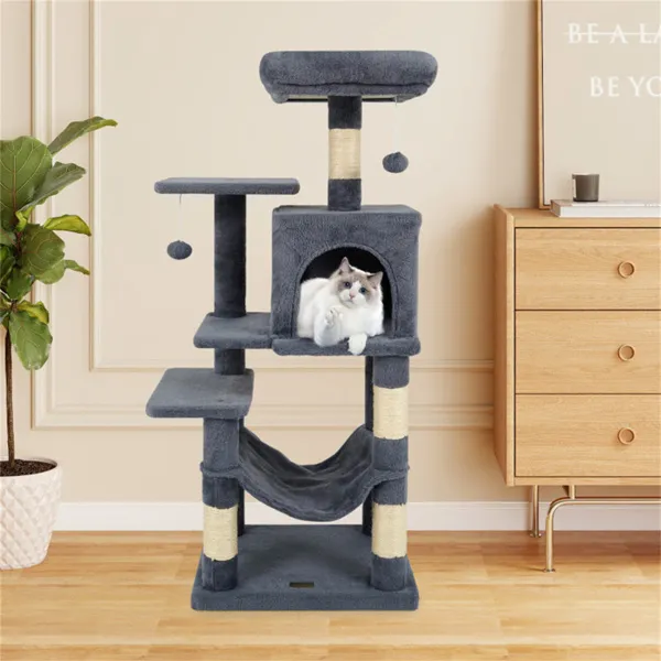 Rascador para gatos de 44" de varios niveles con amplia percha superior, condominio de 2 puertas y hamaca, para gatos de interior - Gris — imagen 5