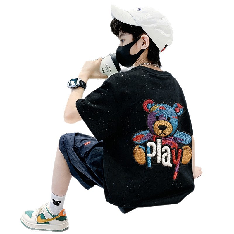 Children's T-Shirt Boy Front and Back Printed Cartoon Bear Short Sleeve Cool Casual Loose Top — image 1