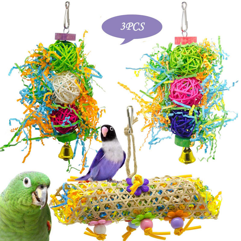 3 Piezas de Juguetes para Aves, Suministros para Roer para Loros, Bola de Ratán Cepillada, Pasto, Juguetes de Madera — imagen 5